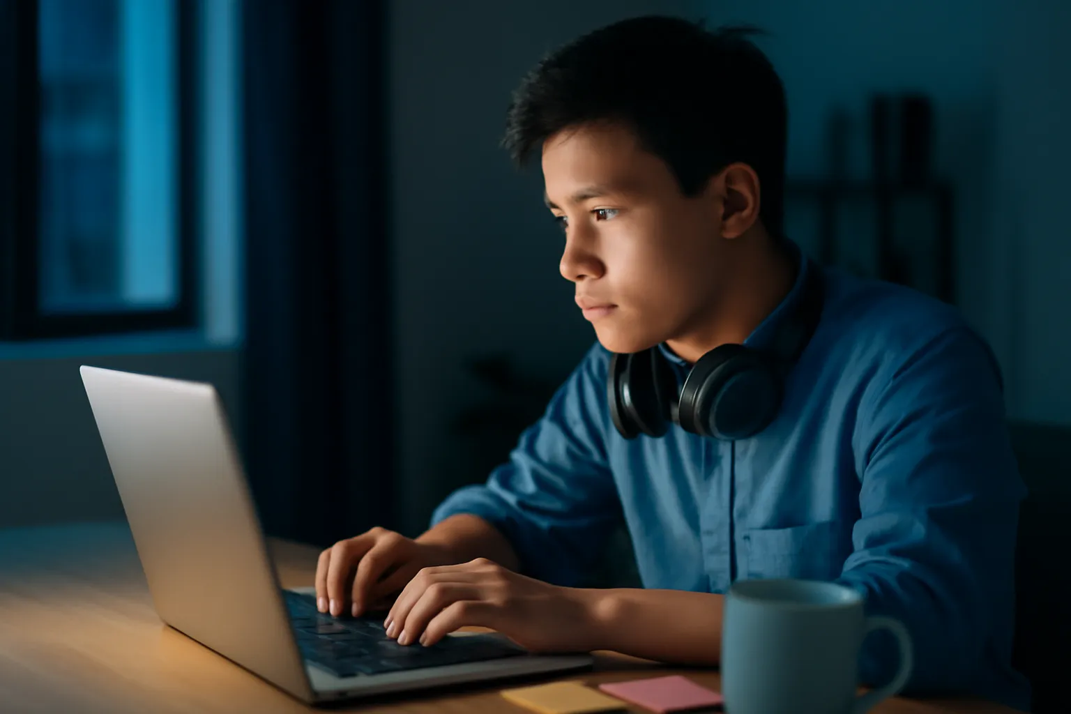 Kỹ sư trẻ ngồi trước laptop trong căn hộ tối, tai nghe trên cổ, nhìn màn hình