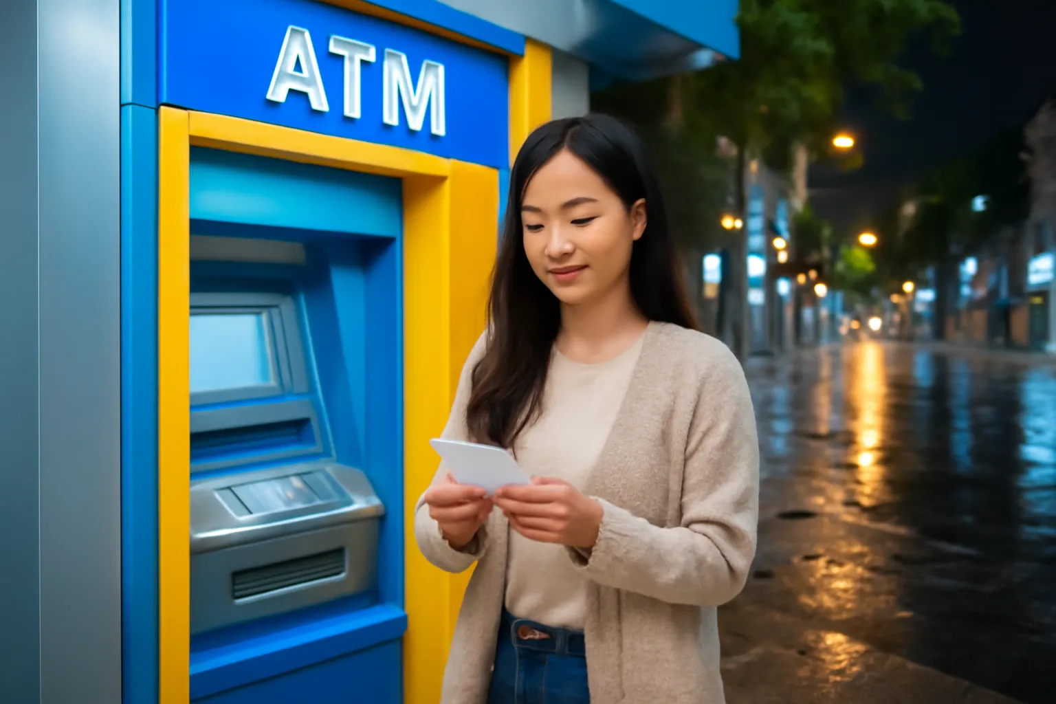 Cô gái trẻ đứng trước buồng rút tiền sáng đèn trên con phố vắng ban đêm, tay cầm tờ biên lai nhỏ