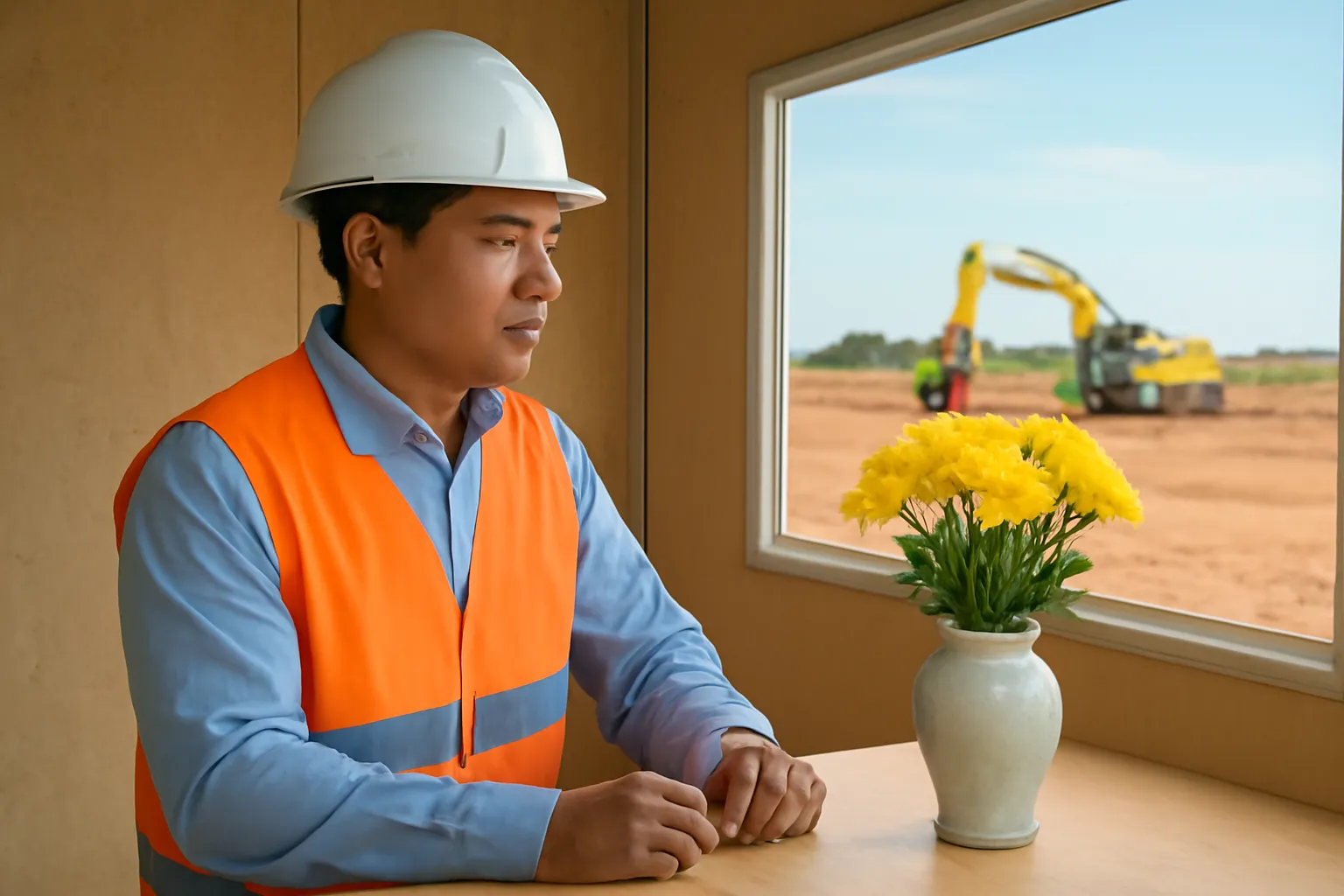 Người đàn ông đội mũ bảo hộ đứng trong lán công trường nhìn chiếc bình sứ cắm hoa cúc tươi