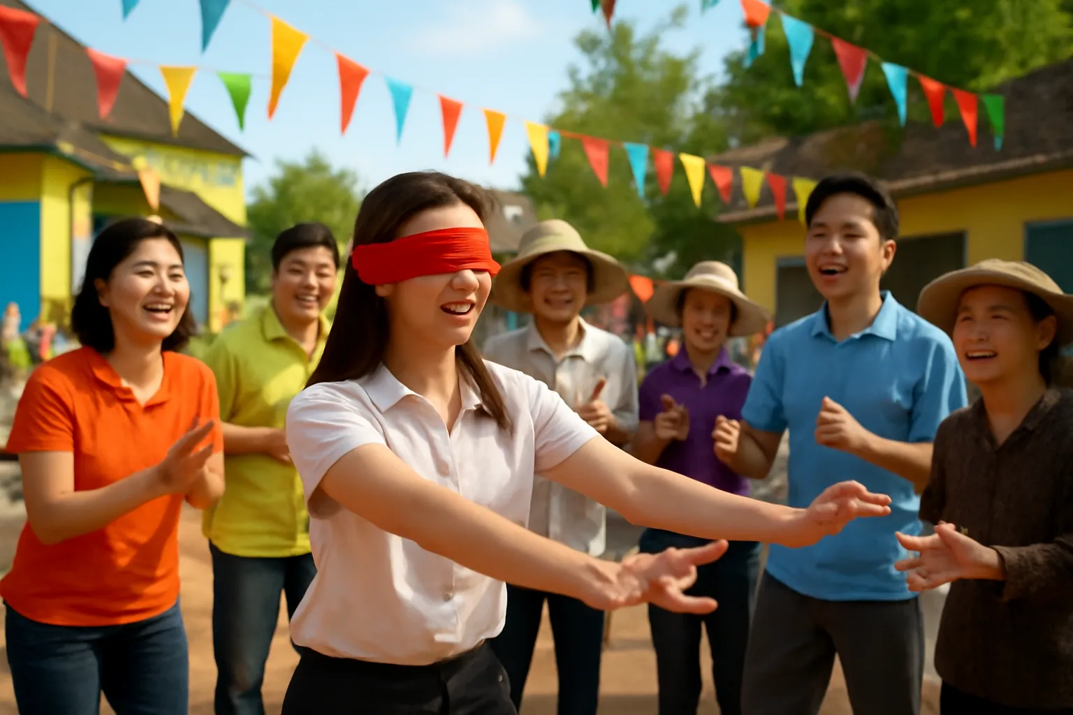 Sân hội làng có dây cờ ngũ sắc, cô gái bịt khăn đỏ dang tay giữa vòng người đang cười
