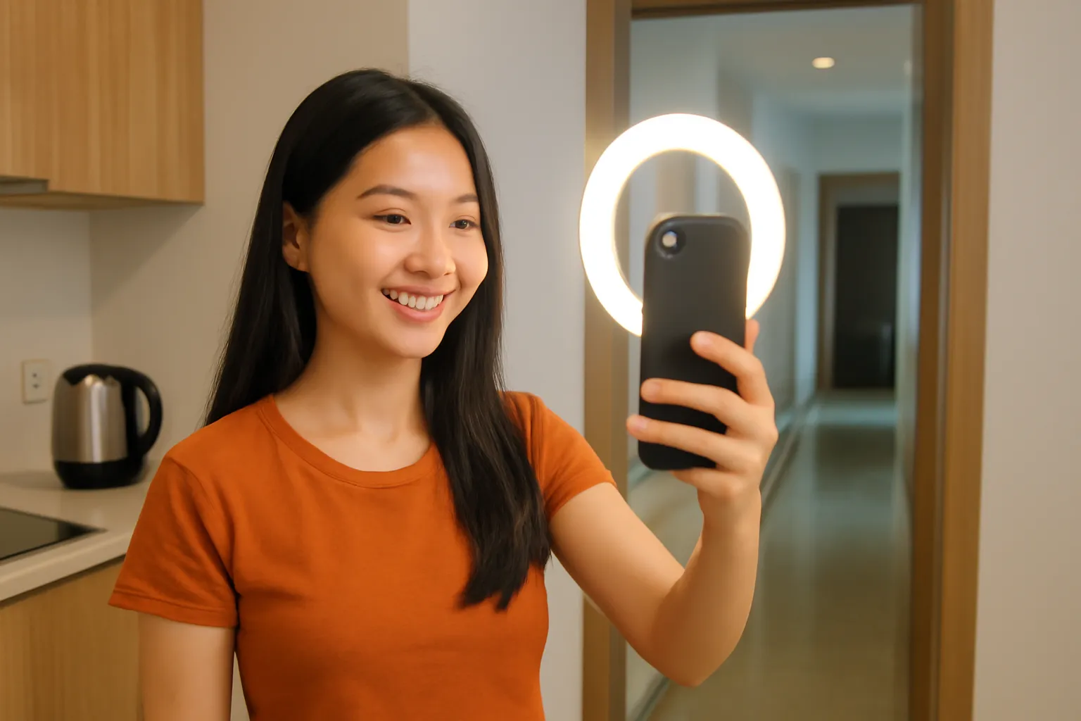 Cô gái trẻ cầm điện thoại quay video trước gương trong căn hộ nhỏ, ánh đèn vòng
