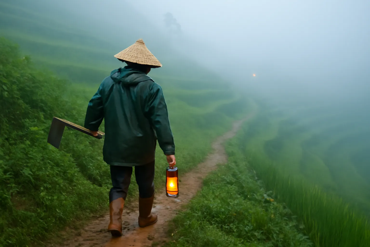 Người nông dân cầm đèn pin đi trên con dốc lên nương trong sương sớm