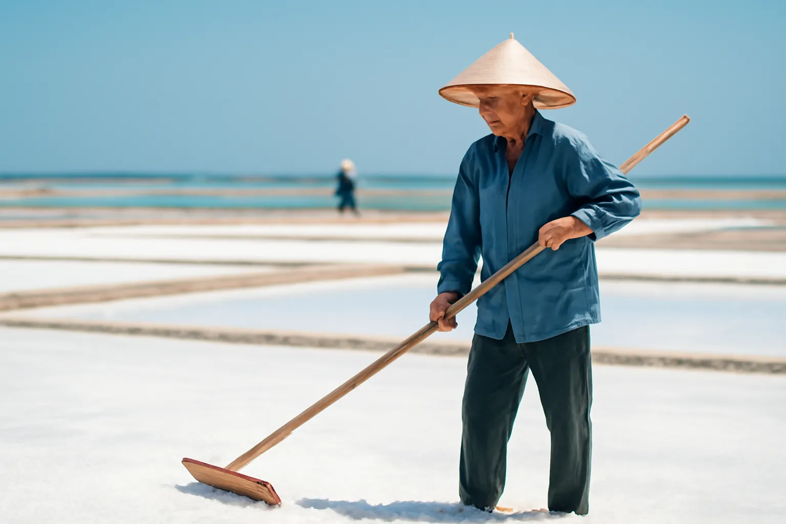 Cánh đồng muối trắng lấp lánh giữa trưa, người làm muối đội nón cầm cào gỗ, hơi nóng bốc lên mờ chân trời