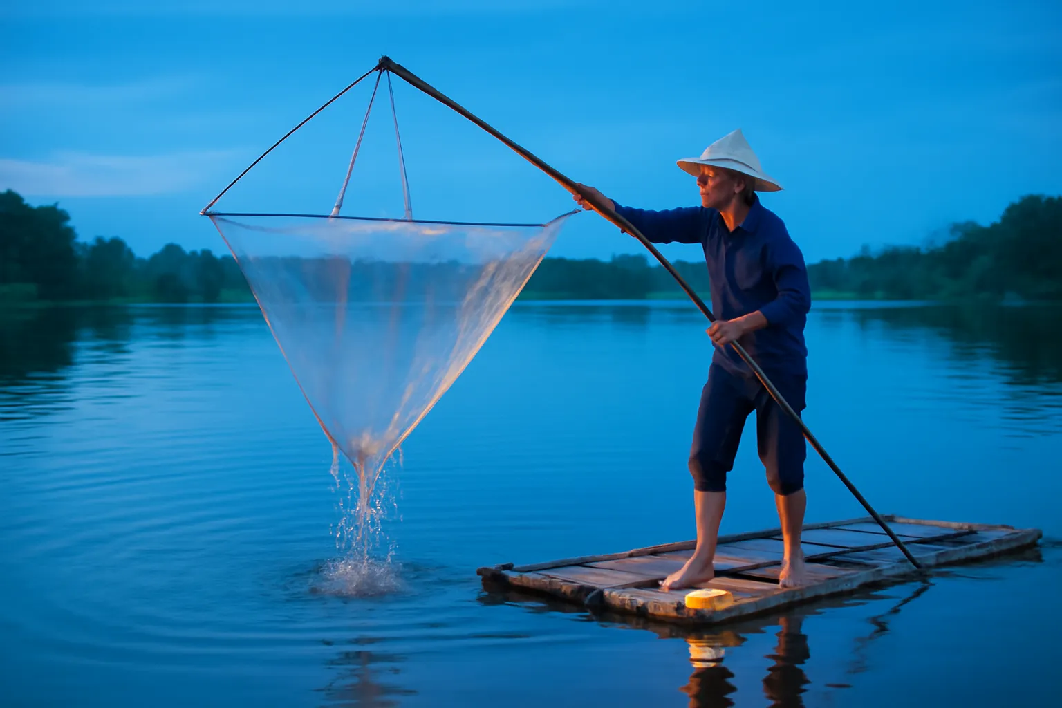 Người đàn ông kéo chiếc vó lớn trên bè tre giữa sông rộng lúc trời xanh thẫm, ngọn đèn nhỏ ở đầu bè