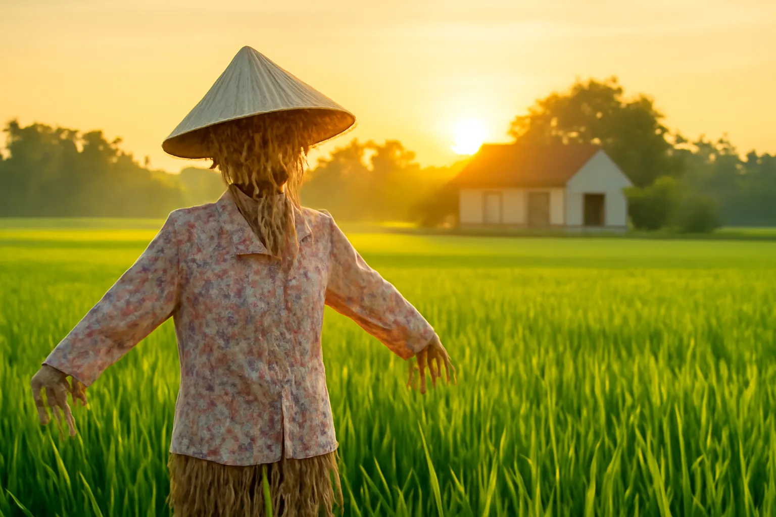 Con bù nhìn mặc áo bà ba đứng giữa ruộng lúa xanh lúc bình minh