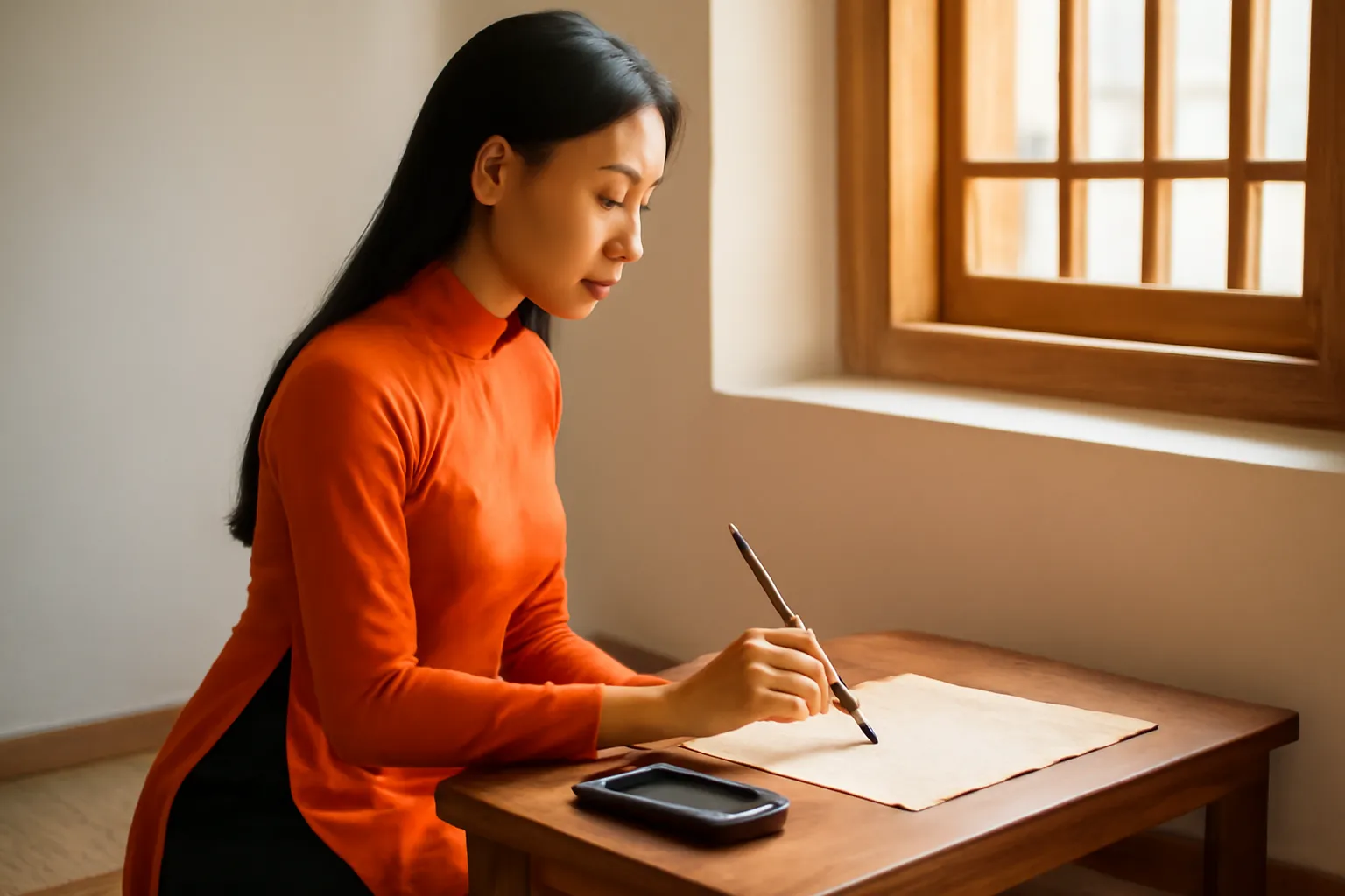 Cô gái trẻ ngồi bên án thư gỗ nhìn tờ giấy dó và nghiên mực bên cửa sổ