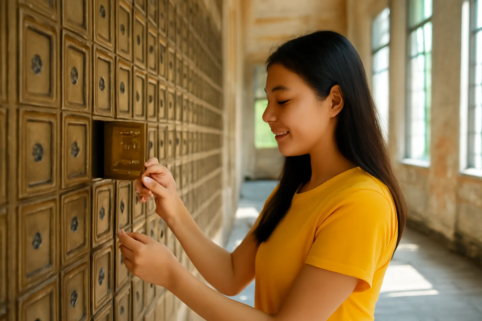 Phụ nữ trẻ mở ô hộp thư bằng đồng trong sảnh bưu điện cũ nắng xiên