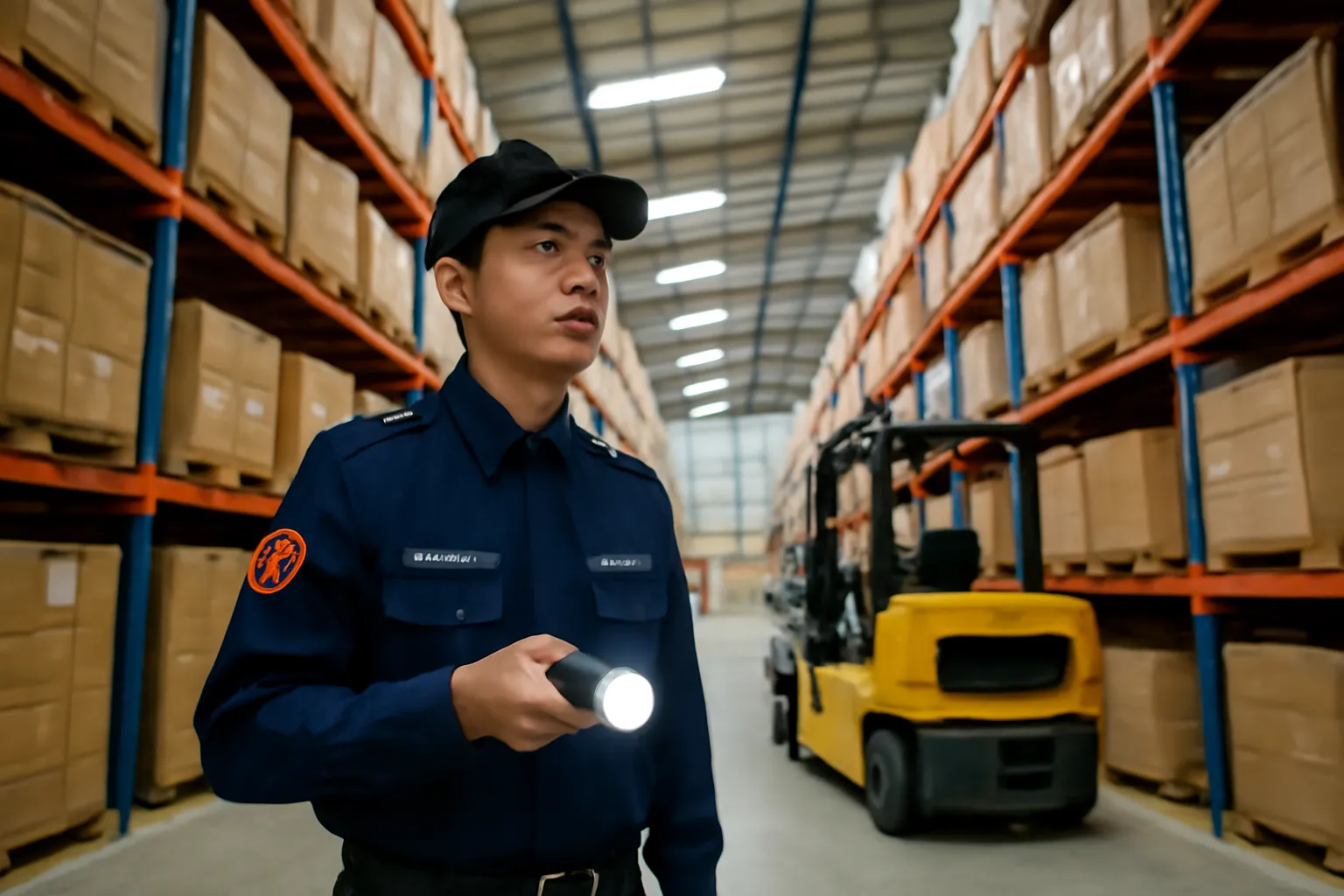 Người bảo vệ cầm đèn pin đứng giữa lối đi kho hàng cao tầng ban đêm