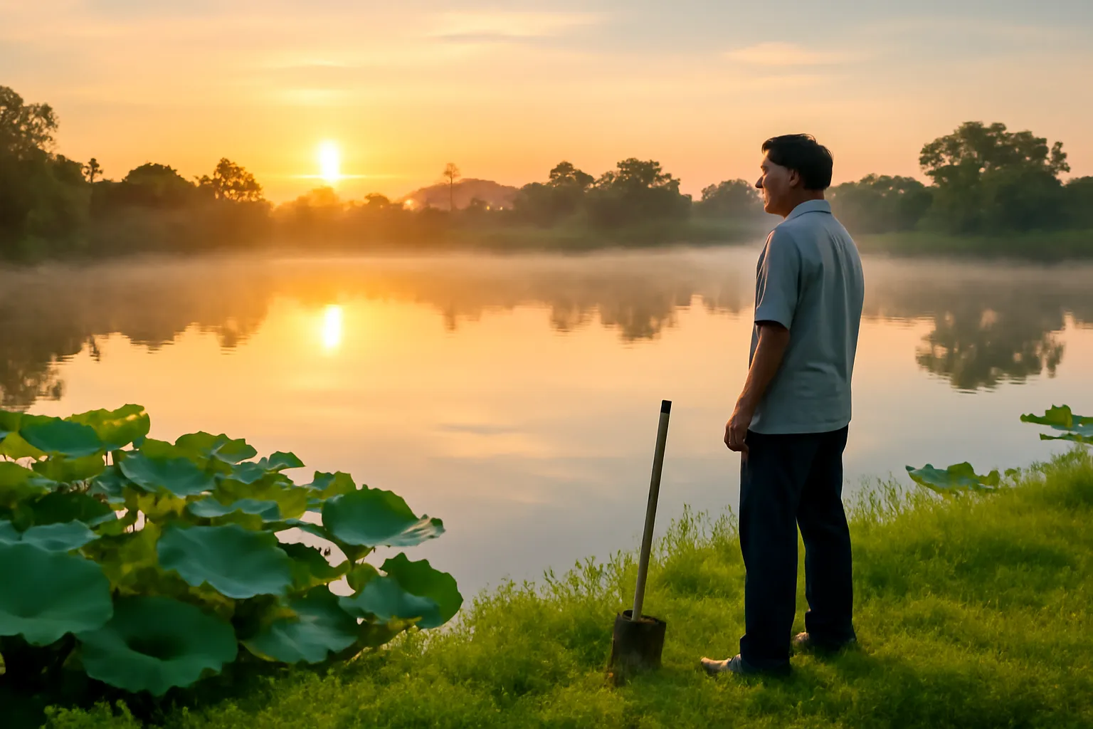 Ao làng lúc rạng sáng, mặt nước phẳng lặng, người đàn ông đứng trên bờ nhìn