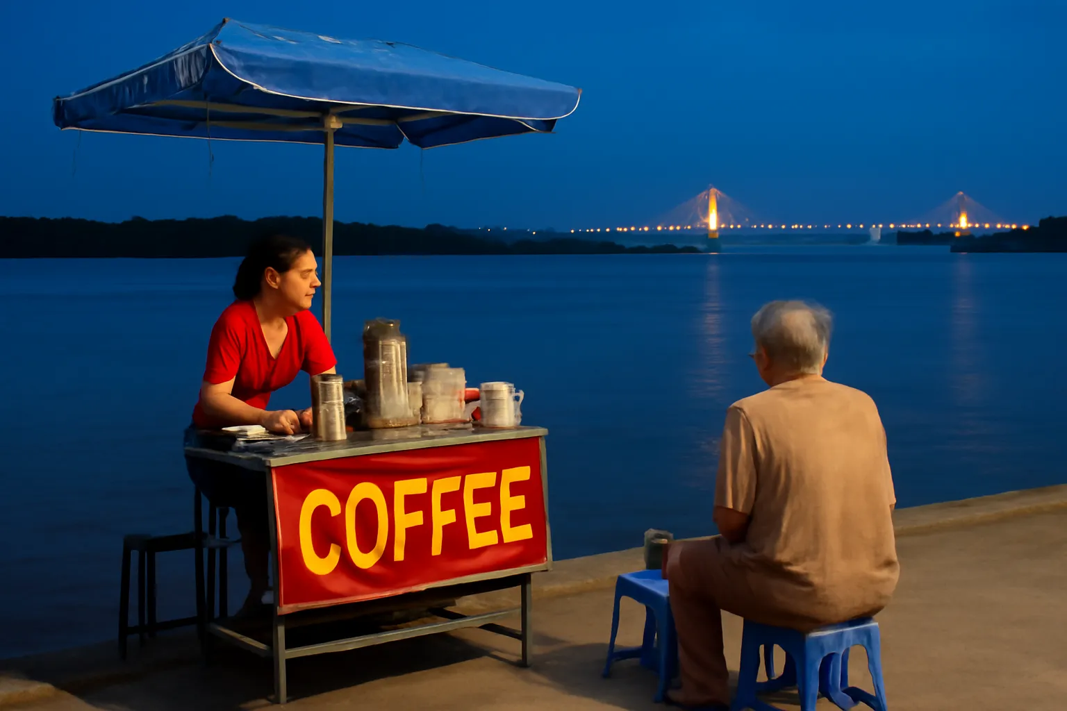 Bà chủ quán cà phê cóc ngồi nhìn ông khách già bên bến phà bỏ hoang ban đêm