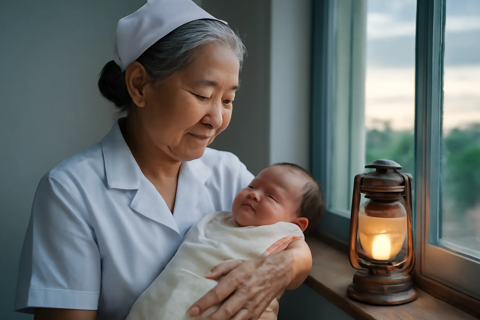Bà hộ sinh lớn tuổi bế đứa trẻ sơ sinh quấn khăn bên ô cửa sổ lúc rạng sáng sau bão