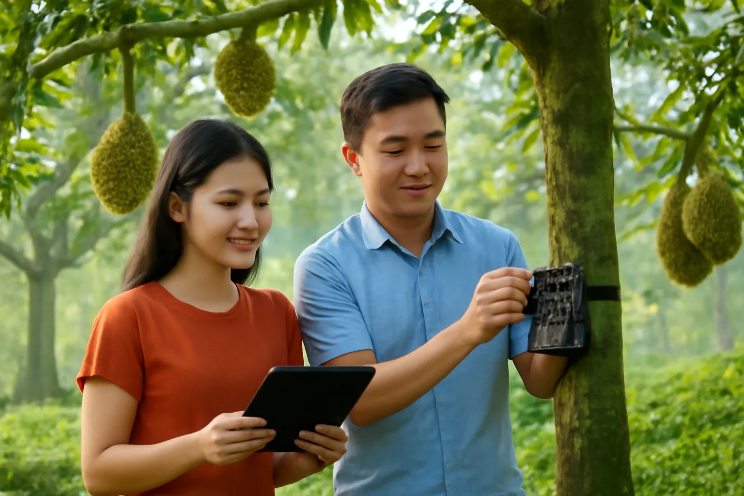 Đôi vợ chồng trẻ đứng giữa vườn sầu riêng buổi sáng, xem ảnh trên chiếc camera gắn thân cây