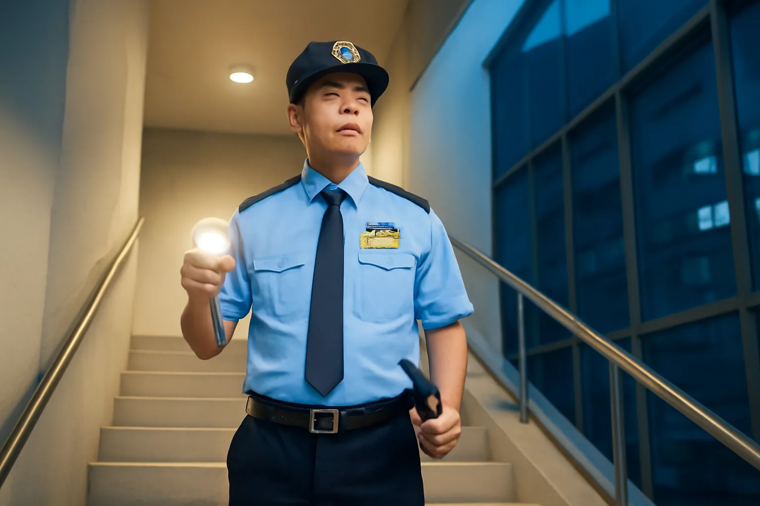Người bảo vệ cầm đèn pin đứng ở chiếu nghỉ cầu thang bộ toà nhà sáng đèn