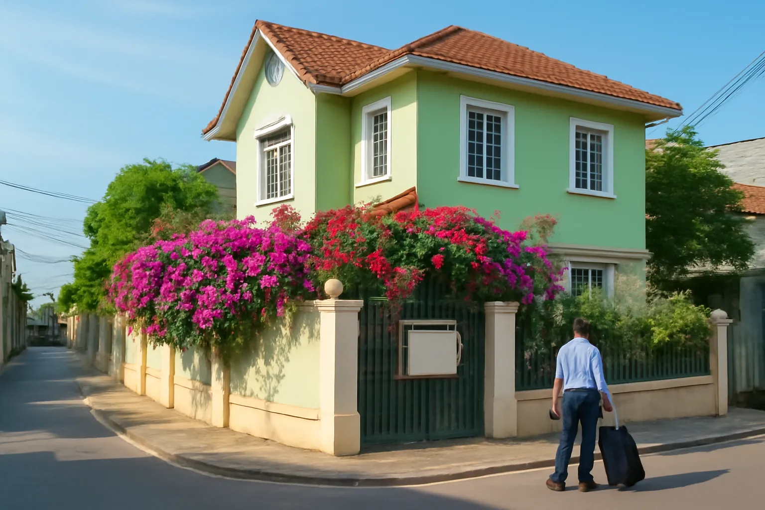 Căn nhà hai tầng sơn xanh nhạt ở góc phố nhỏ, tấm biển cần bán treo trên cổng sắt, nắng sớm