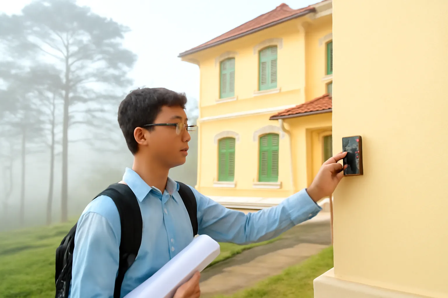 Sinh viên kiến trúc đo tường biệt thự cũ màu vàng nhạt trên đồi thông sương sớm
