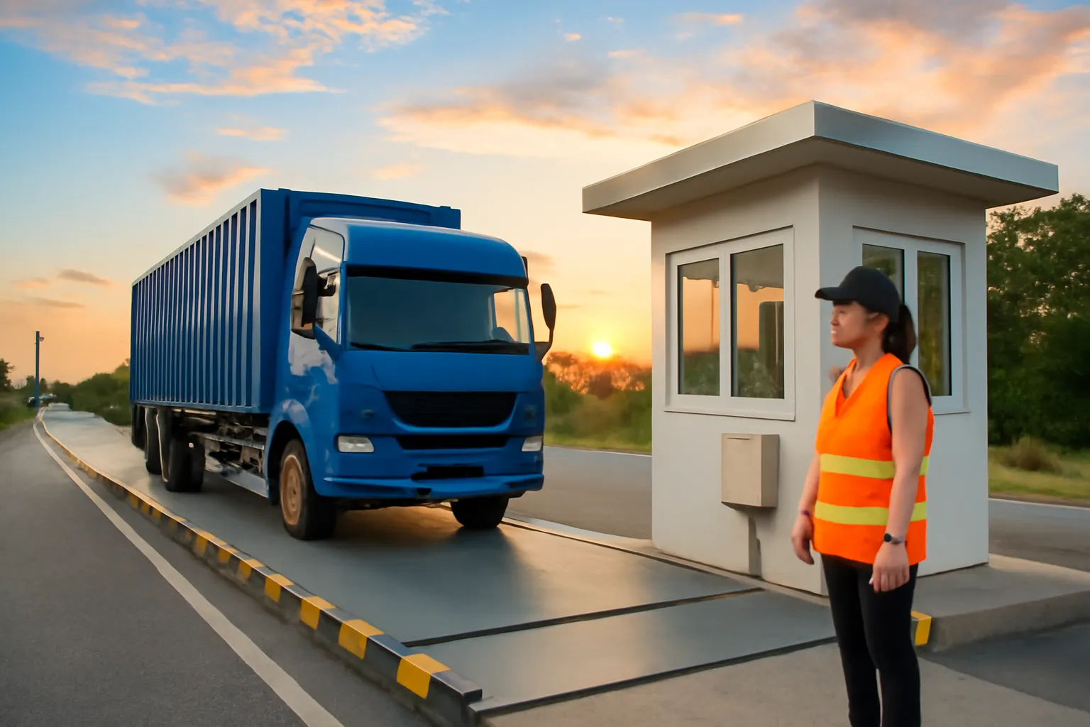 Trạm cân xe tải ven quốc lộ lúc bình minh, một xe tải dừng trên bàn cân, nữ nhân viên mặc áo phản quang