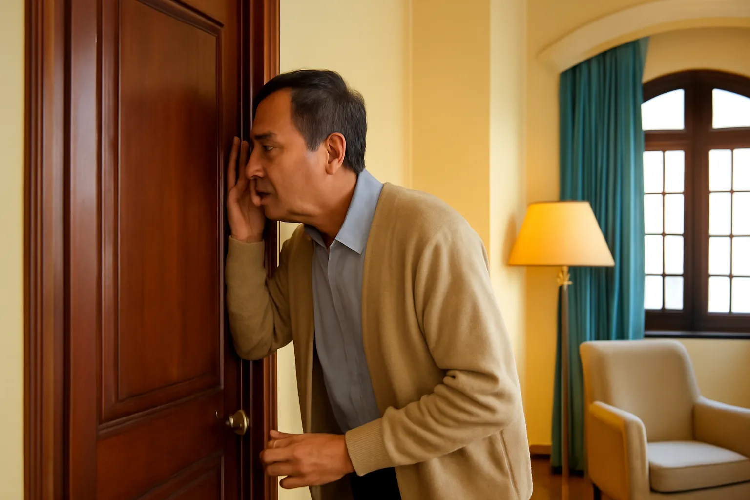 Cánh cửa gỗ thông phòng đóng kín trong phòng khách sạn cũ, bên cạnh là chiếc ghế bành