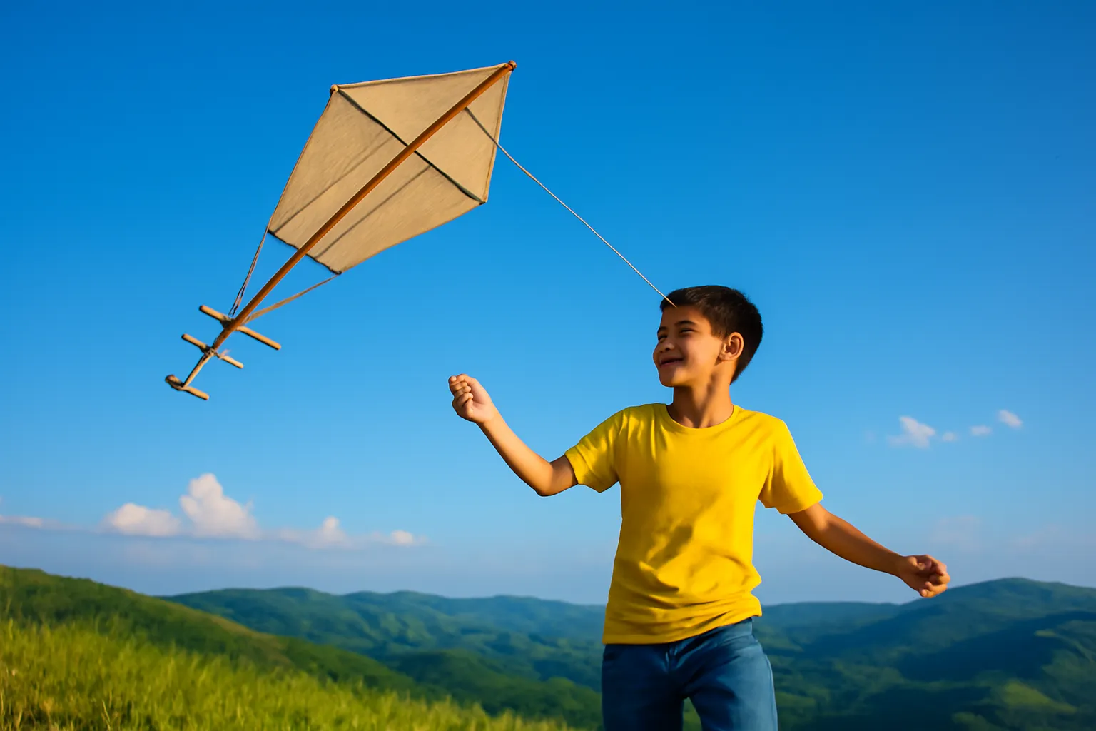 Cậu thanh niên thả cánh diều sáo trên đồi cỏ, trời chiều xanh, dây diều căng