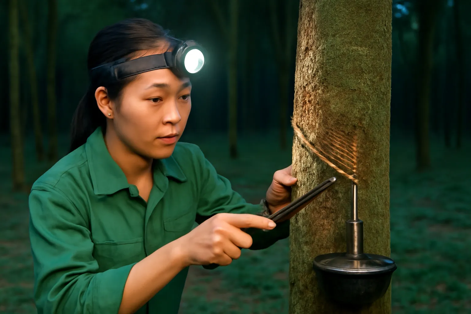 Nữ công nhân đội đèn trán cạo mủ cao su trong rừng cao su tối trước bình minh