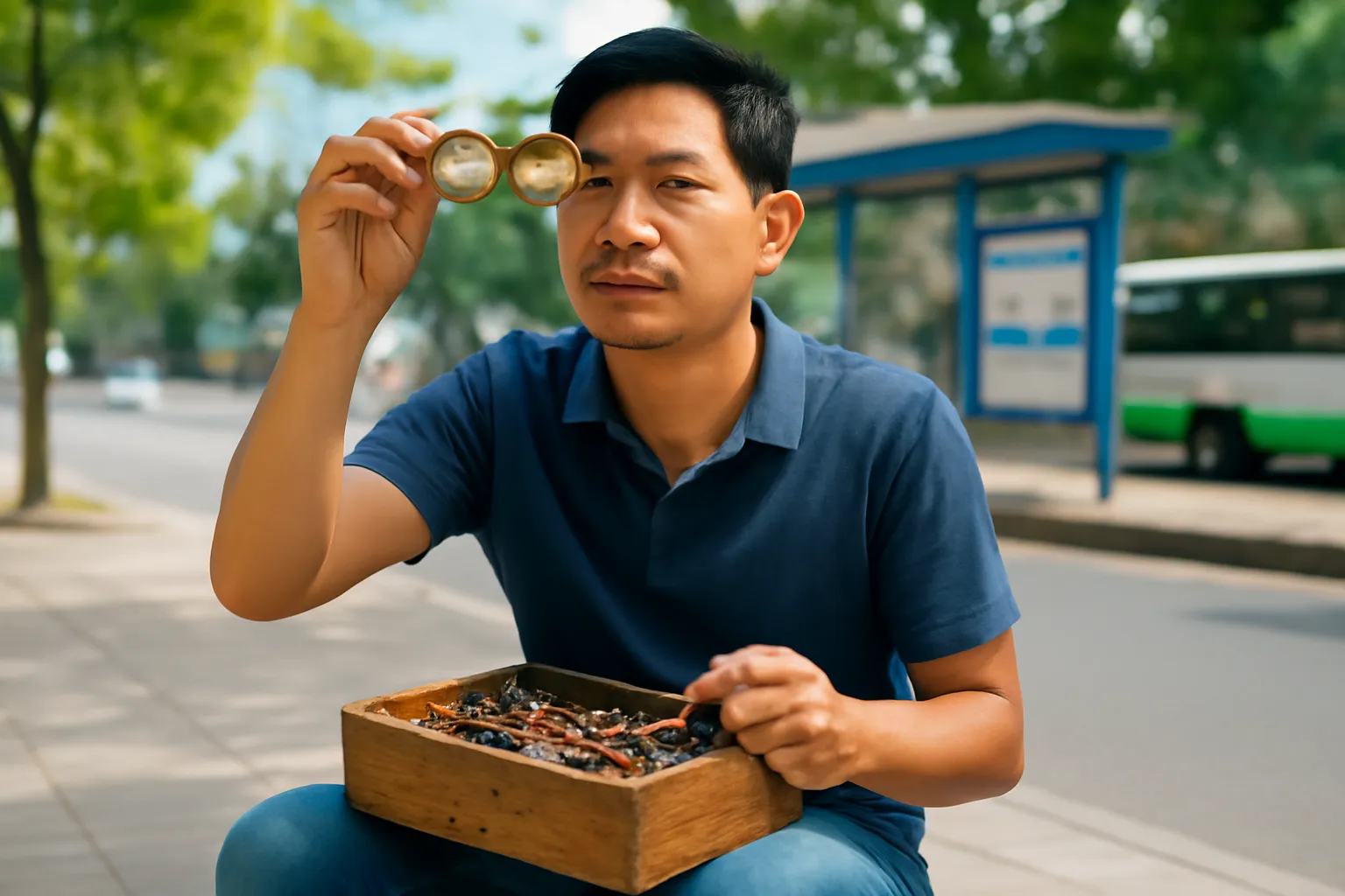 Người thợ sửa kính vỉa hè ngồi bên hộp đồ nghề cầm cặp kính gọng nhựa cũ