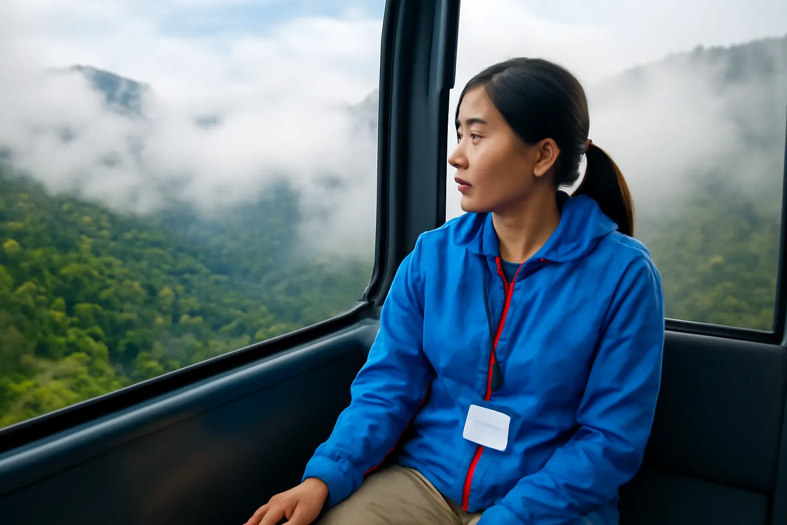Nữ hướng dẫn viên ngồi trong cabin cáp treo giữa biển mây trên núi