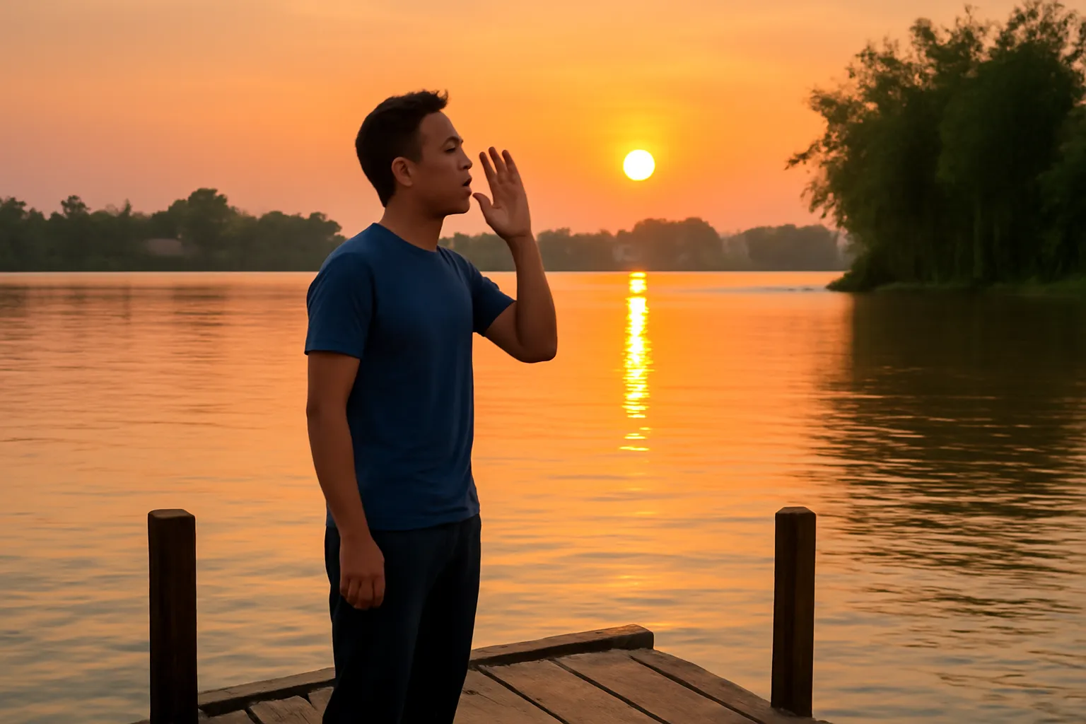 Chàng trai đứng trên bến sông lúc chiều tà, tay khum bên miệng cất tiếng hò