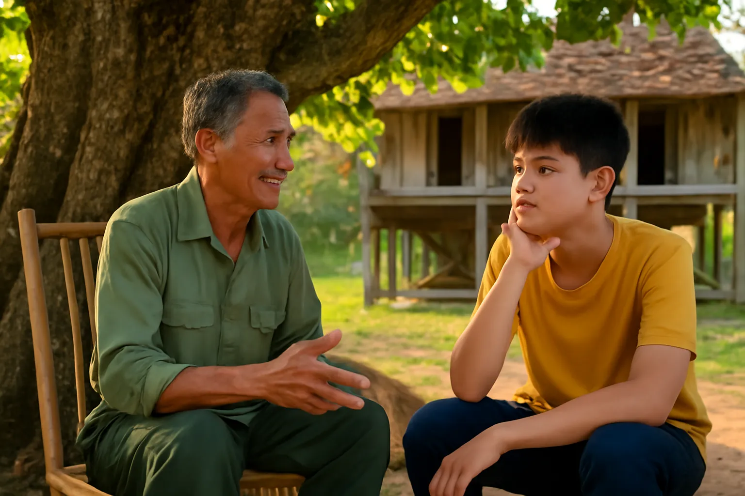 Cụ ông ngồi trên ghế tre dưới gốc cây cổ thụ trước hiên nhà, kể chuyện cho đứa cháu