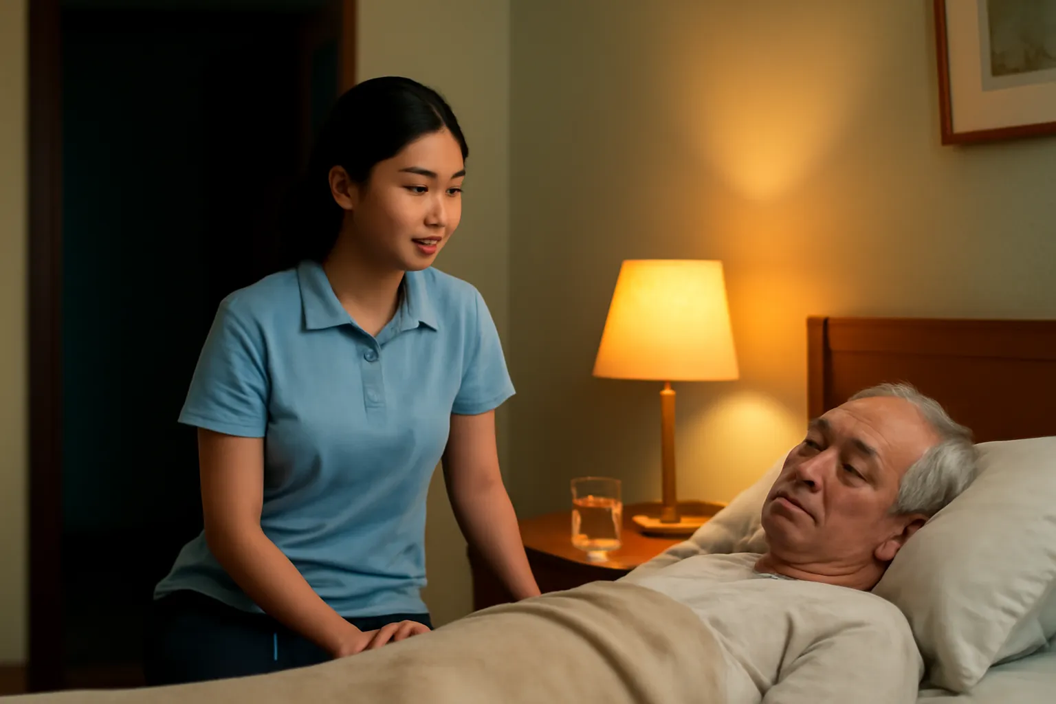 Cô gái ngồi đọc sách bên giường ông cụ ngủ say dưới ánh đèn ngủ vàng ấm