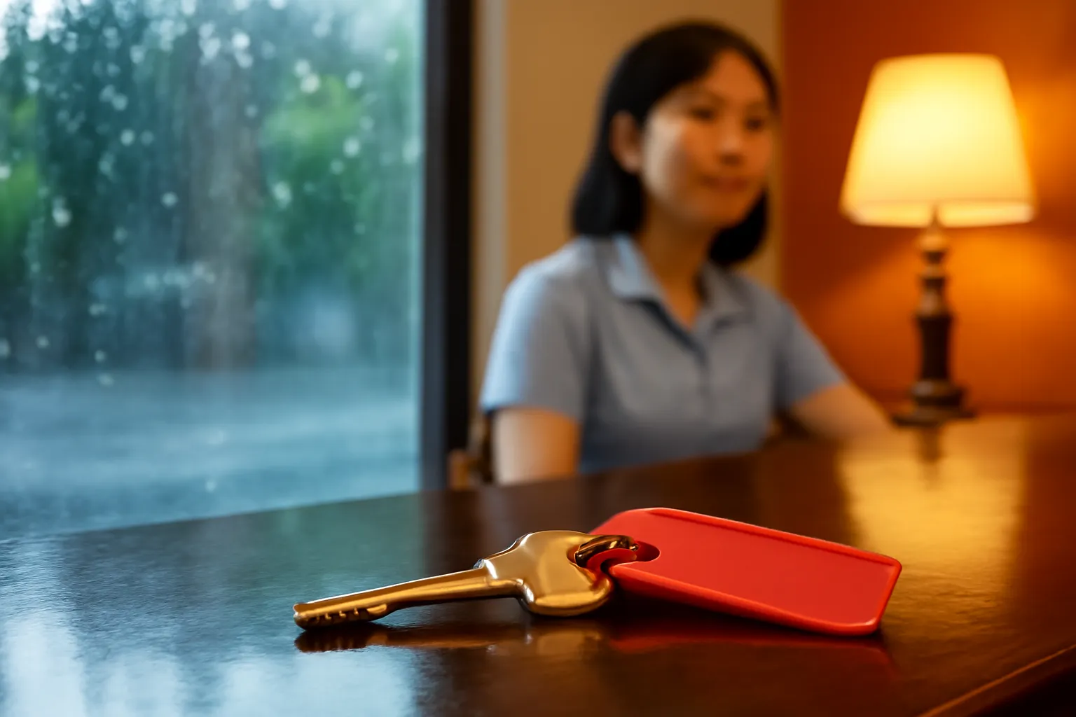 Chiếc chìa khoá đồng gắn thẻ đỏ đặt trên quầy lễ tân nhà nghỉ lúc khuya