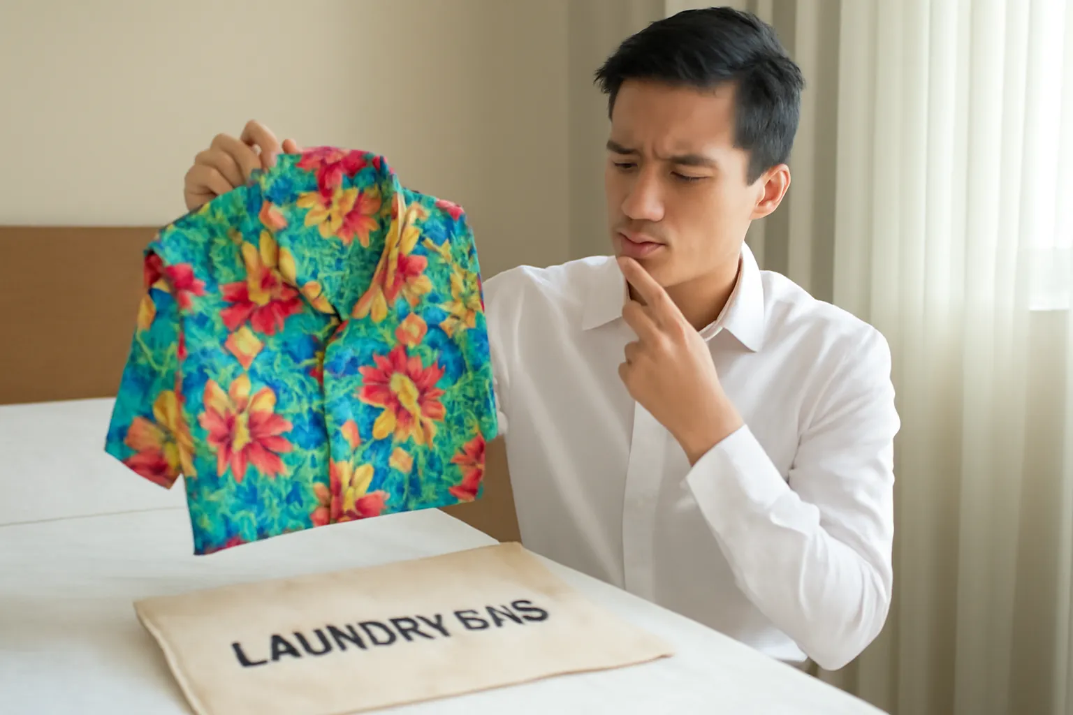 Chiếc áo sơ mi hoa sặc sỡ gấp phẳng phiu nằm trên túi đồ giặt khách sạn