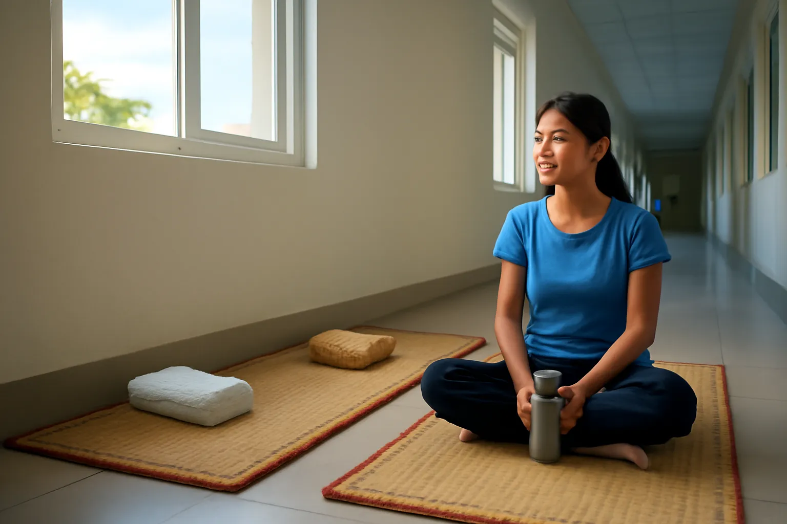 Hai chiếc chiếu trải dọc hành lang bệnh viện, một chiếc gối mây cạnh cửa sổ