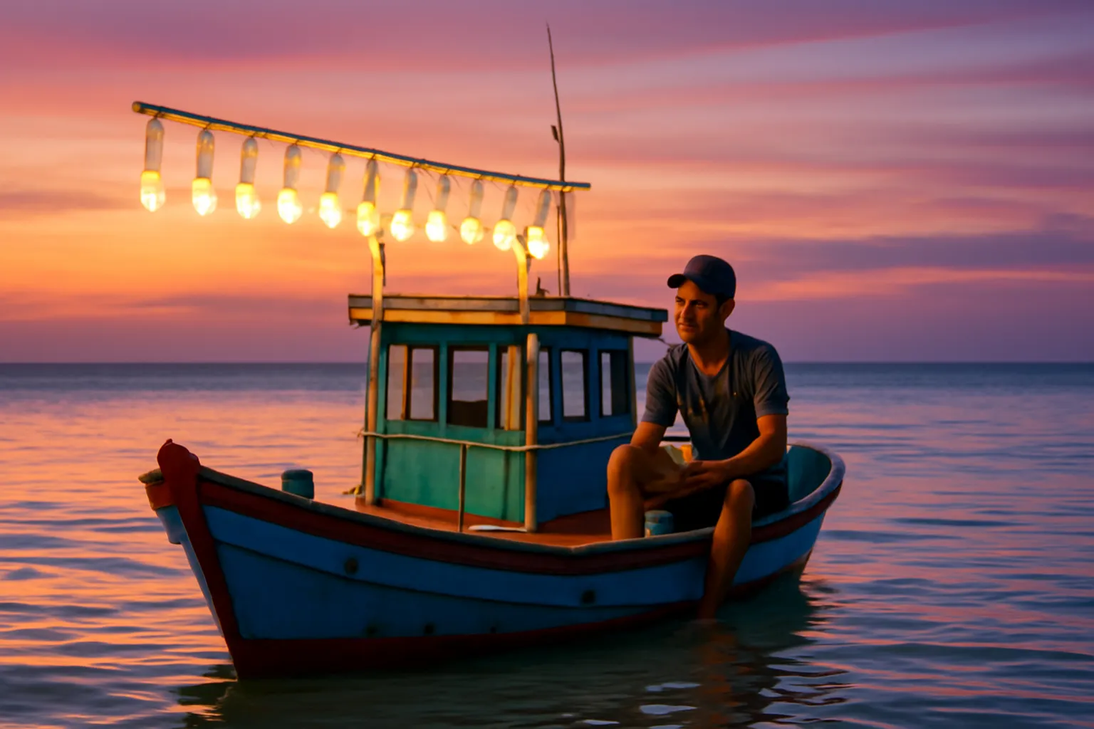 Chiếc thuyền câu mực thắp đèn sáng trên mặt biển lúc chạng vạng, chàng trai ngồi mạn thuyền