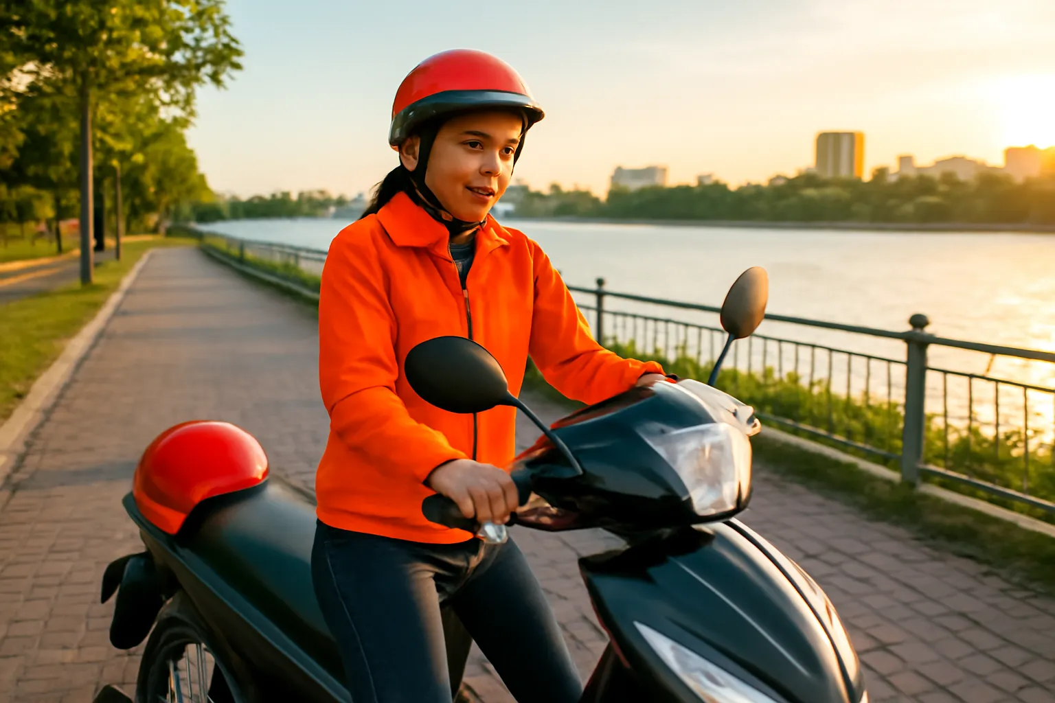 Cô gái giao hàng dừng xe máy bên bờ sông lúc chiều muộn, treo chiếc mũ bảo hiểm đỏ