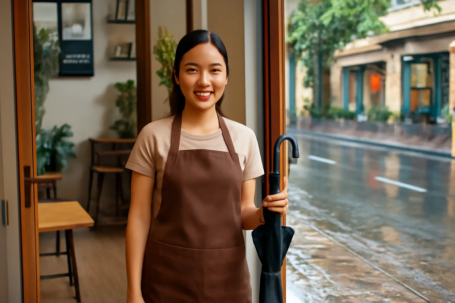 Cô gái pha chế cầm chiếc ô đen đứng ở cửa quán cà phê nhỏ sau cơn mưa