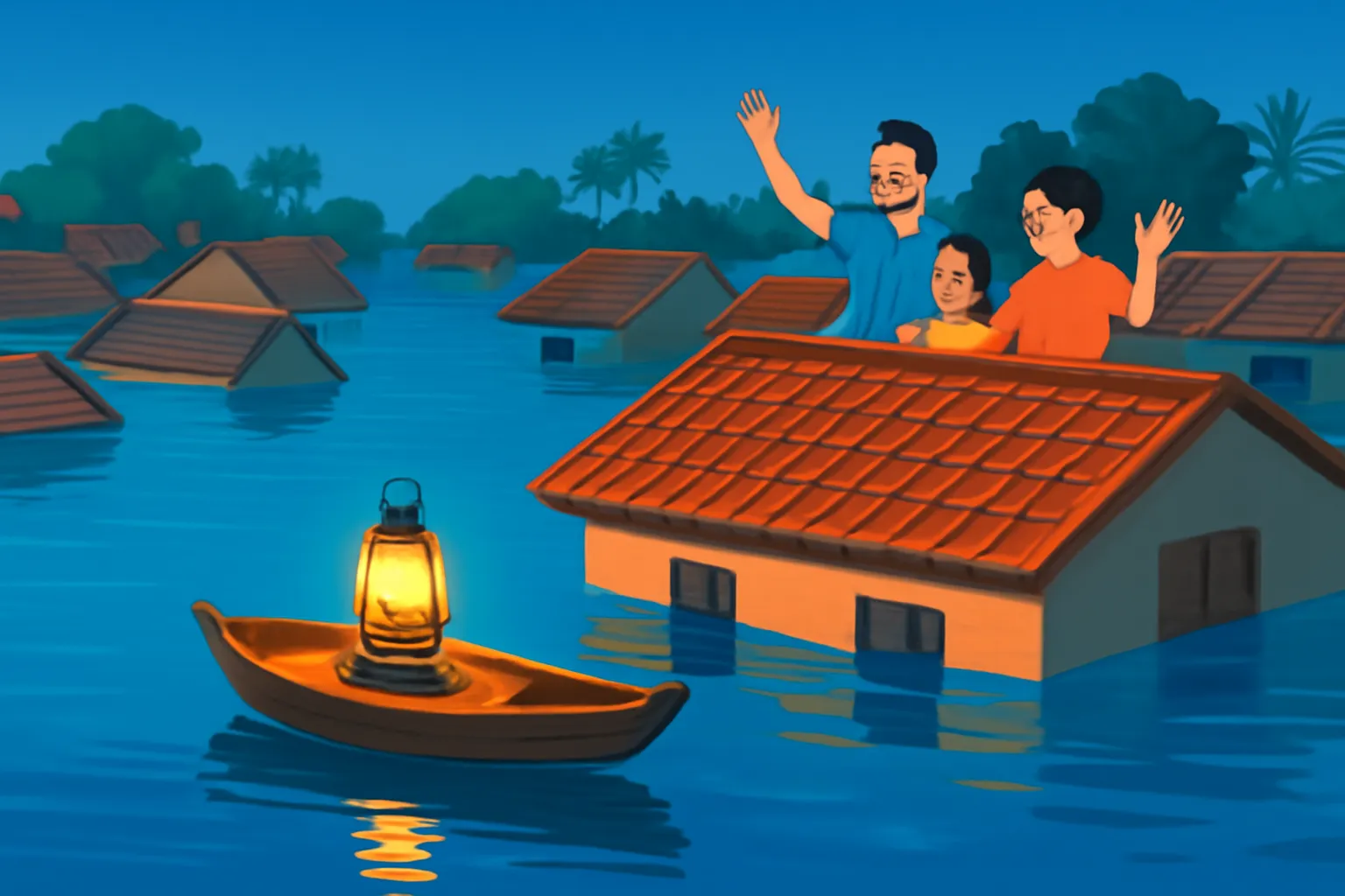 Làng quê ngập nước lũ đến mái nhà ban đêm, chiếc thuyền gỗ nhỏ treo đèn bão sáng vàng trôi giữa các mái ngói