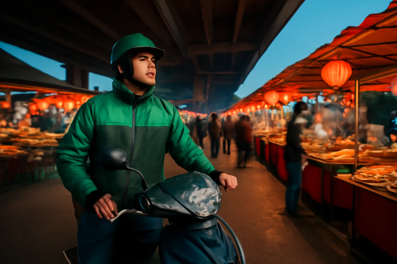 Chàng trai dắt xe máy đứng ở rìa phiên chợ đông đúc trong bóng tối dưới gầm cầu