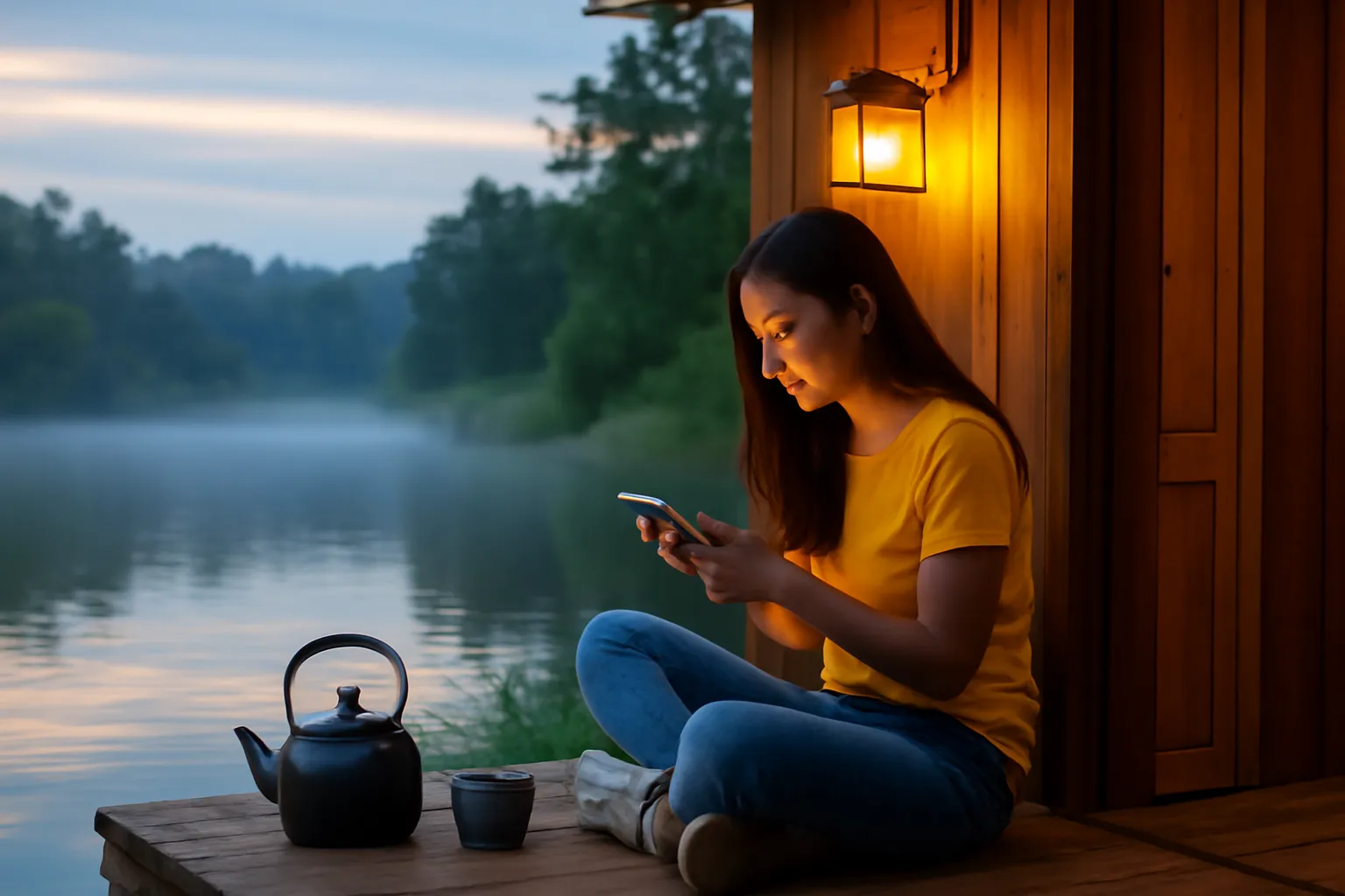 Màn hình điện thoại sáng trong tay cô gái ngồi trên hiên nhà gỗ ven hồ lúc tối