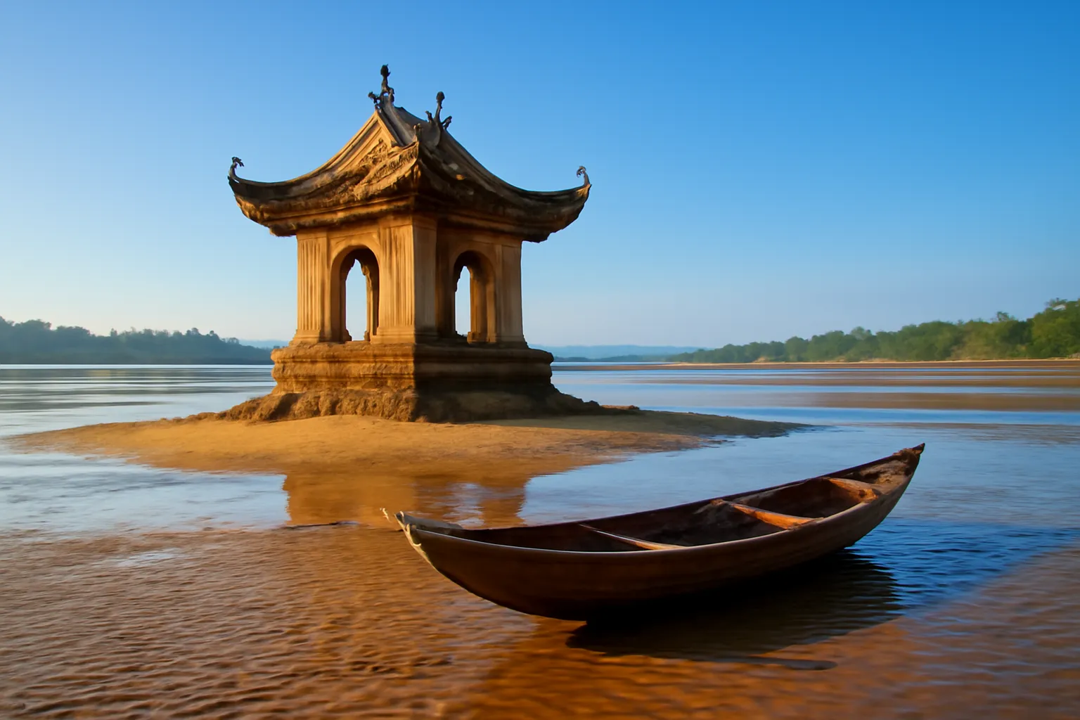 Mái chùa nhỏ cũ trên cồn cát giữa sông lúc nước ròng buổi sớm, chiếc ghe gỗ kéo lên bãi