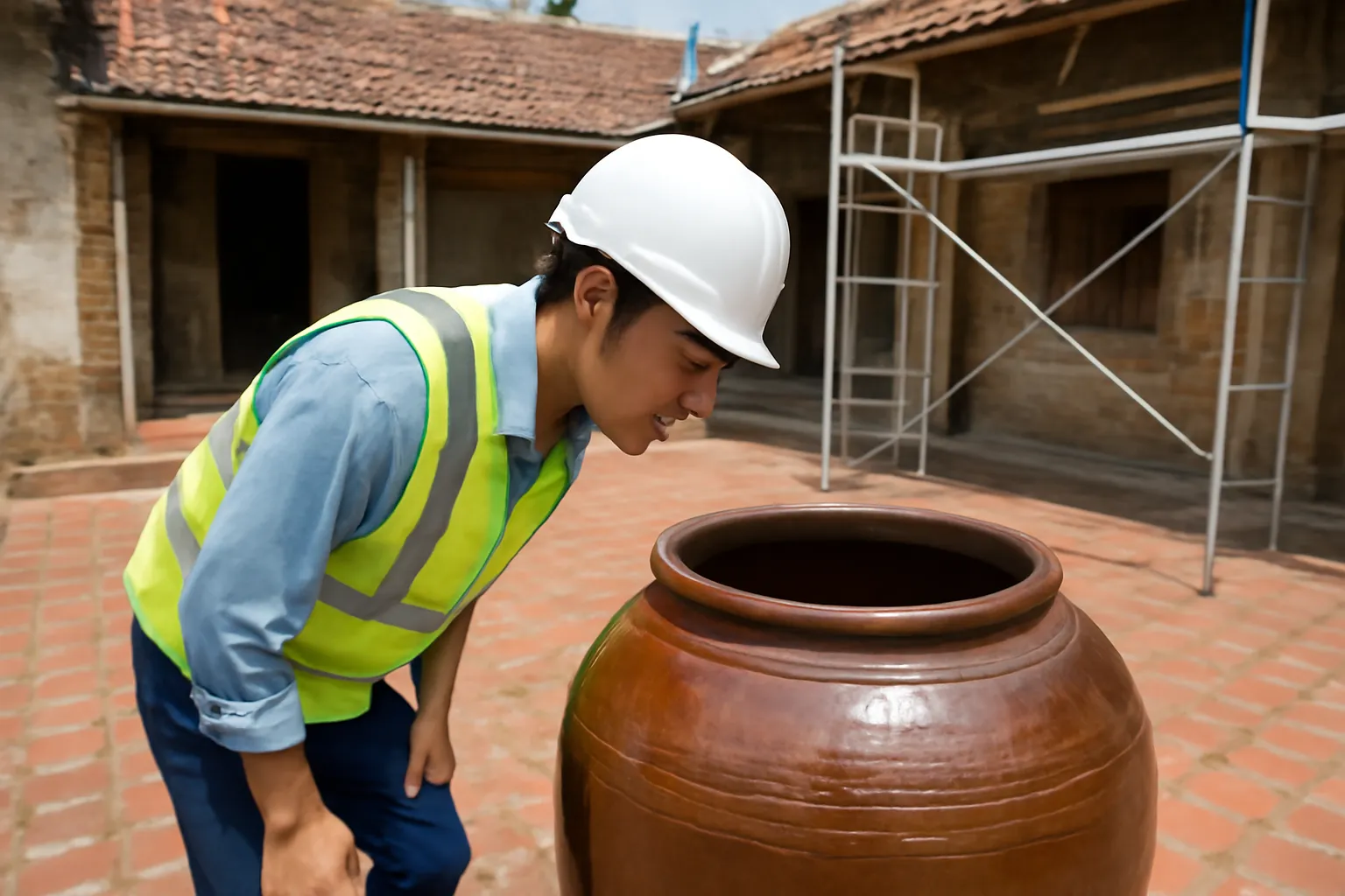 Người đàn ông trẻ đội mũ bảo hộ cúi xuống nhìn vào miệng chiếc chum sành lớn ngoài sân