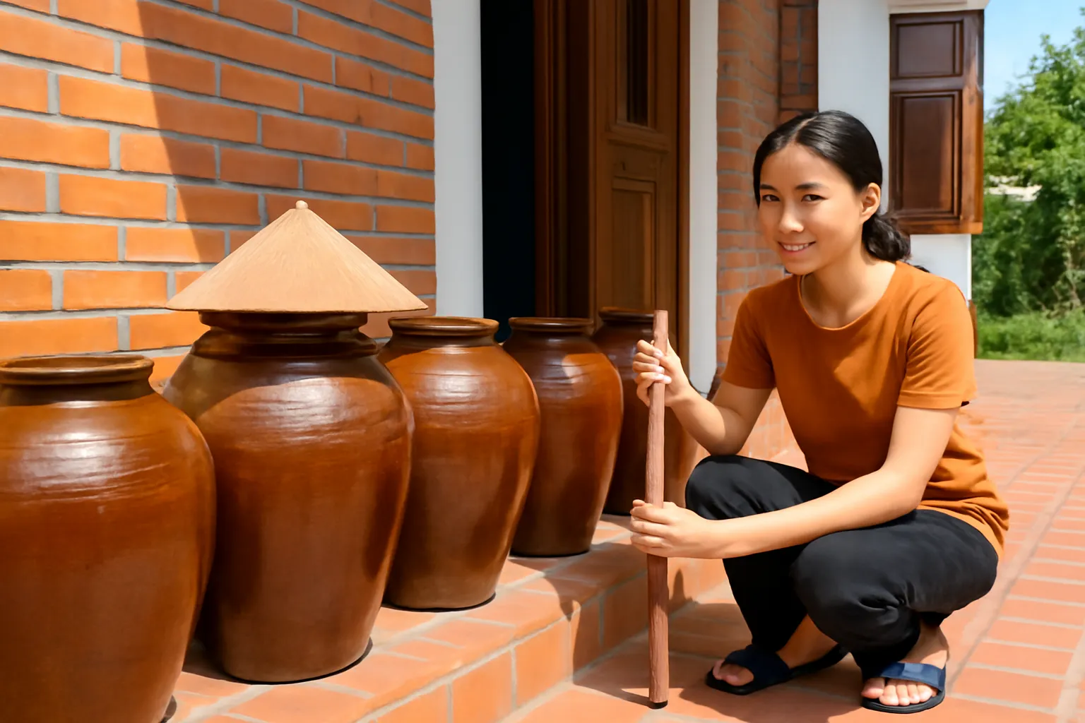 Chum sành đậy nón lá trên hiên gạch nhà quê dưới nắng sáng