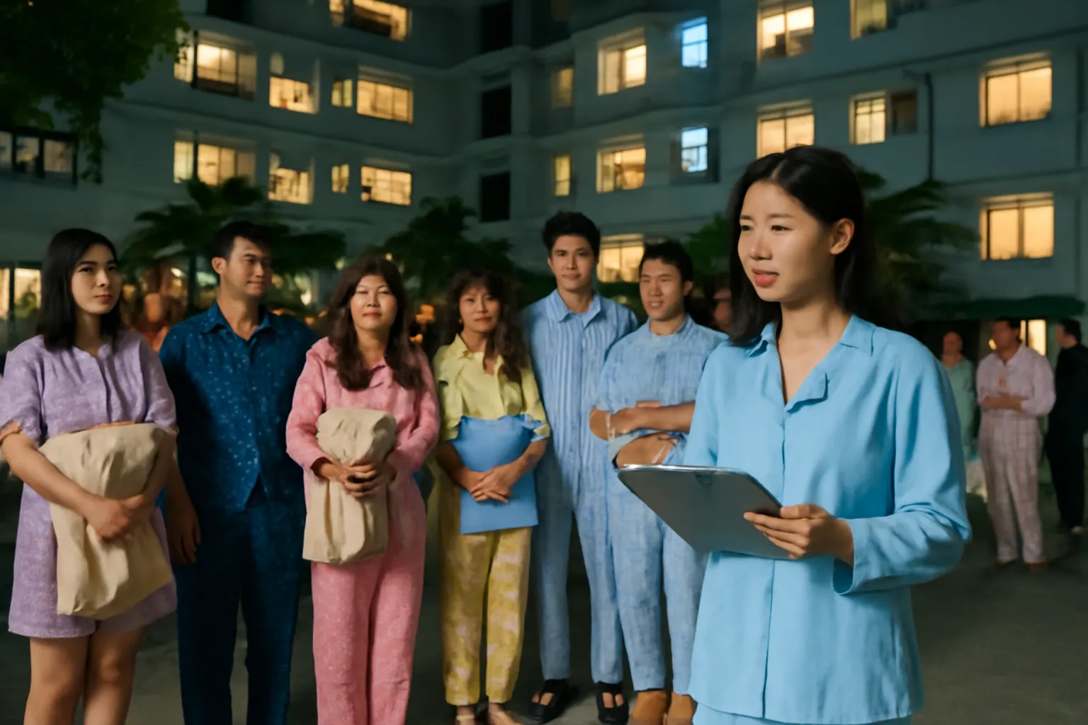 Sinh viên mặc đồ ngủ tập trung giữa sân ký túc xá ban đêm dưới ánh đèn