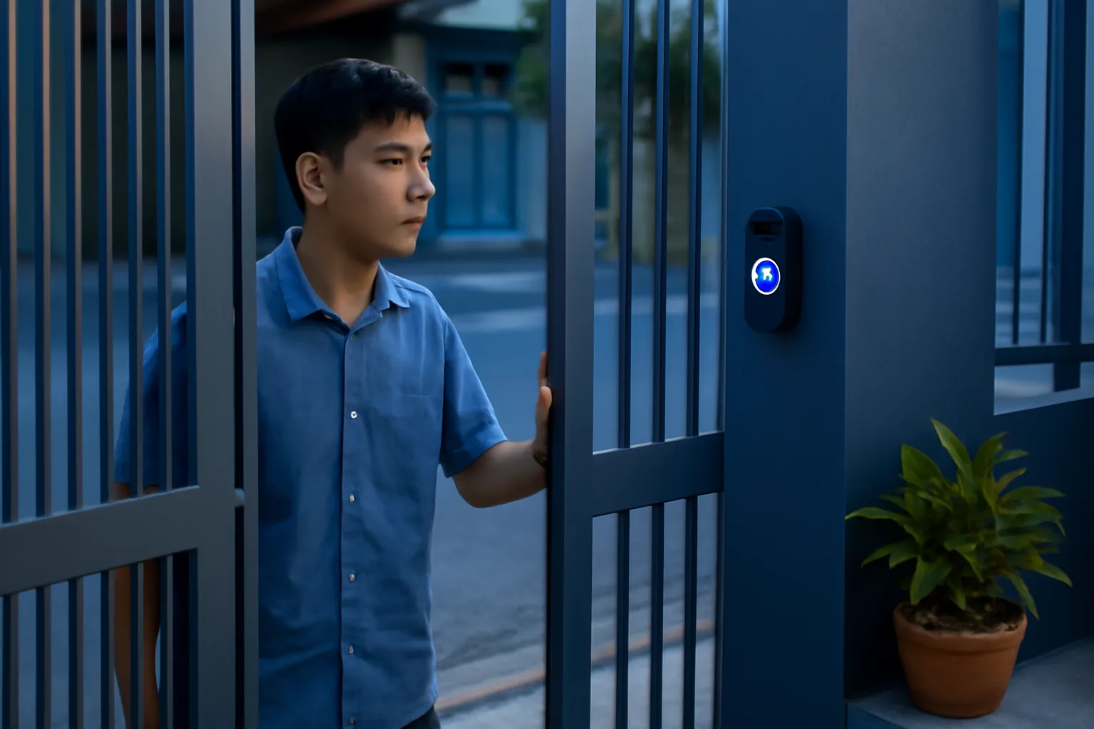 Người đàn ông trẻ đứng sau cánh cổng sắt ban đêm, đèn chuông cửa phát sáng xanh
