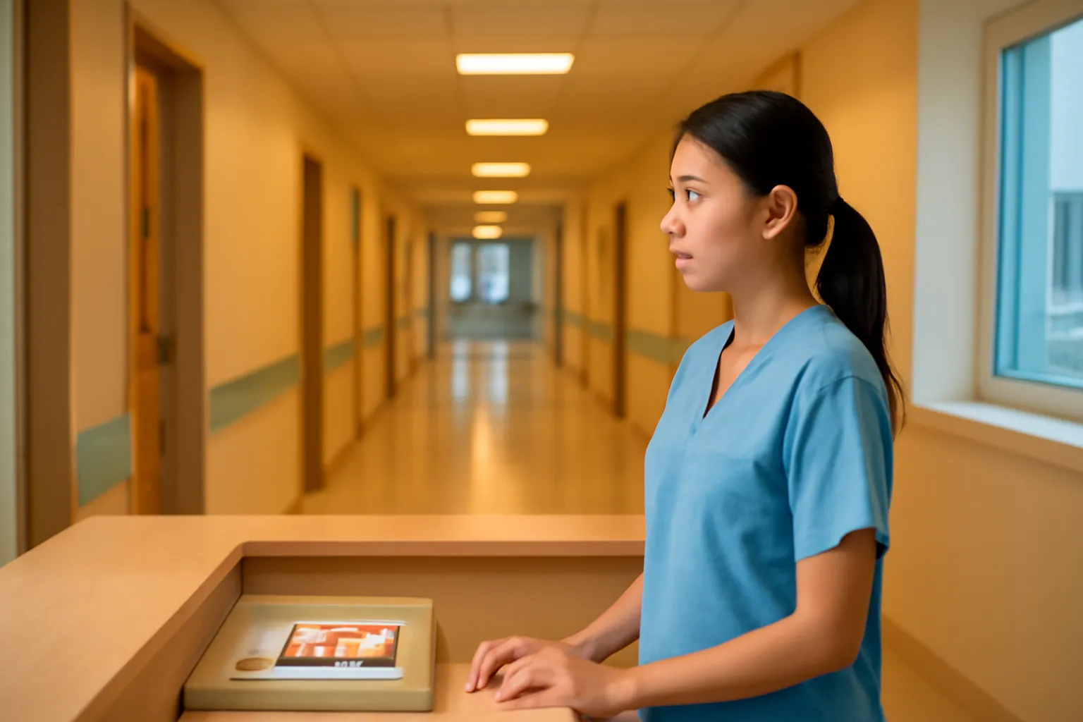 Nữ điều dưỡng trẻ đứng ở quầy trực khoa nội lúc đêm, nhìn dọc hành lang