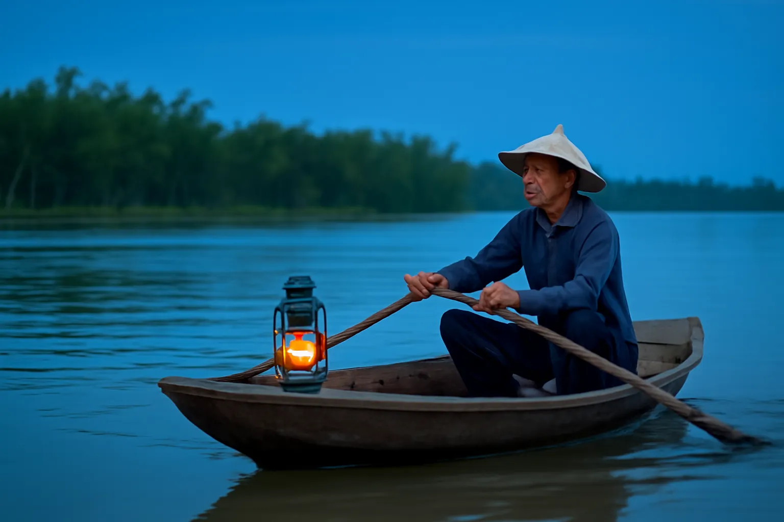 Ông lái đò già chèo chiếc đò gỗ có đèn bão trên sông rộng lúc trời chạng vạng