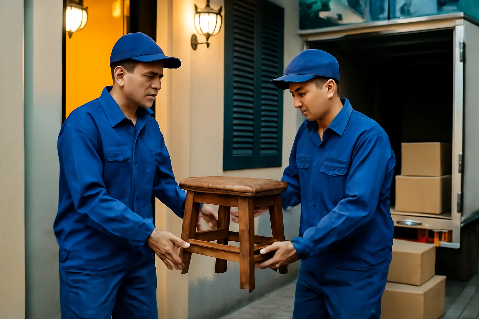 Hai người thợ bốc vác nâng chiếc ghế đẩu gỗ cũ cẩn thận ra xe tải nhỏ lúc nửa đêm