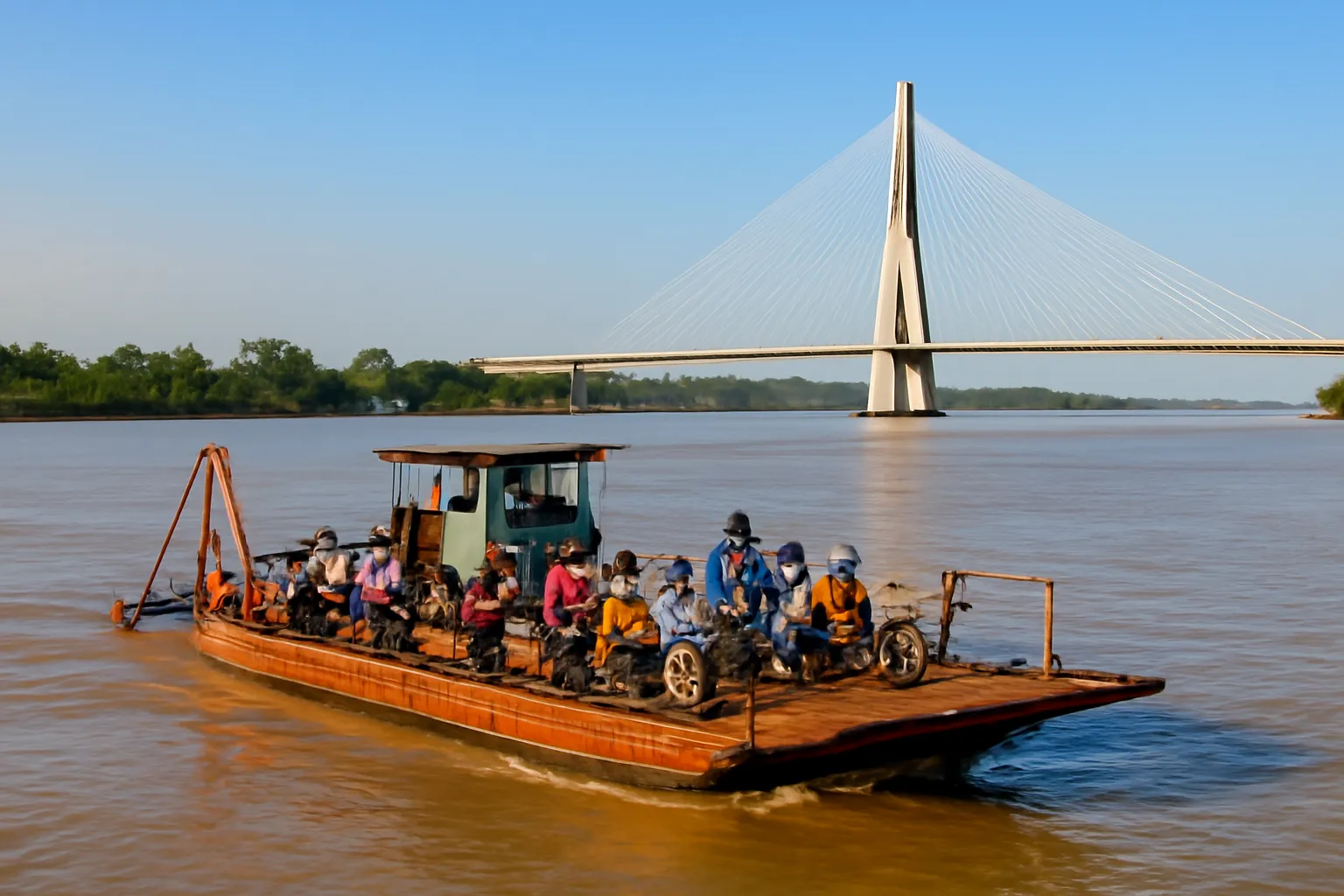 Chiếc phà sắt chở xe máy và người qua sông rộng, cây cầu mới xa xa