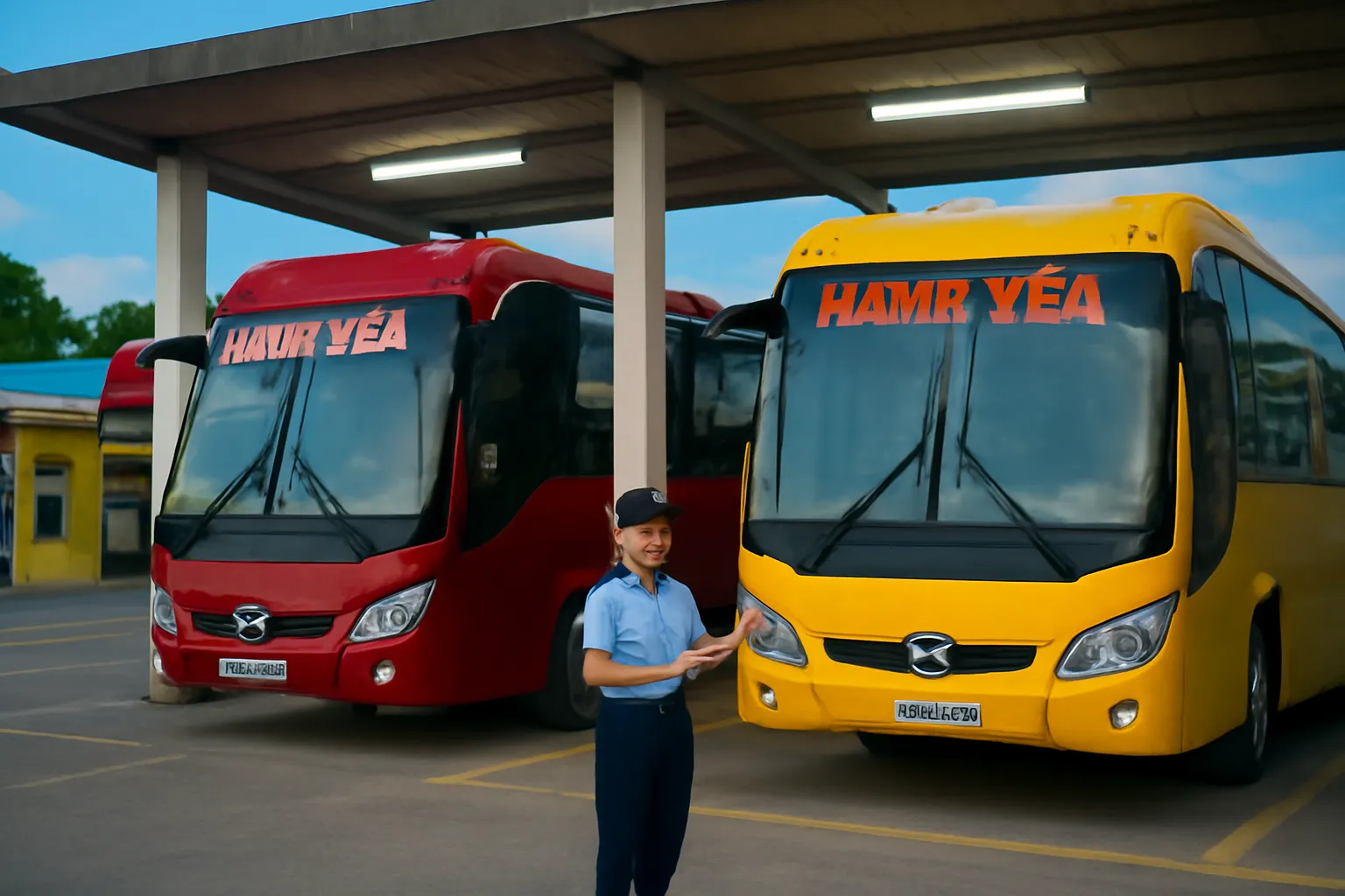 Bến xe tỉnh nhỏ lúc tối, hai xe khách đứng cạnh nhau, nhân viên cầm bảng kẹp hồ sơ
