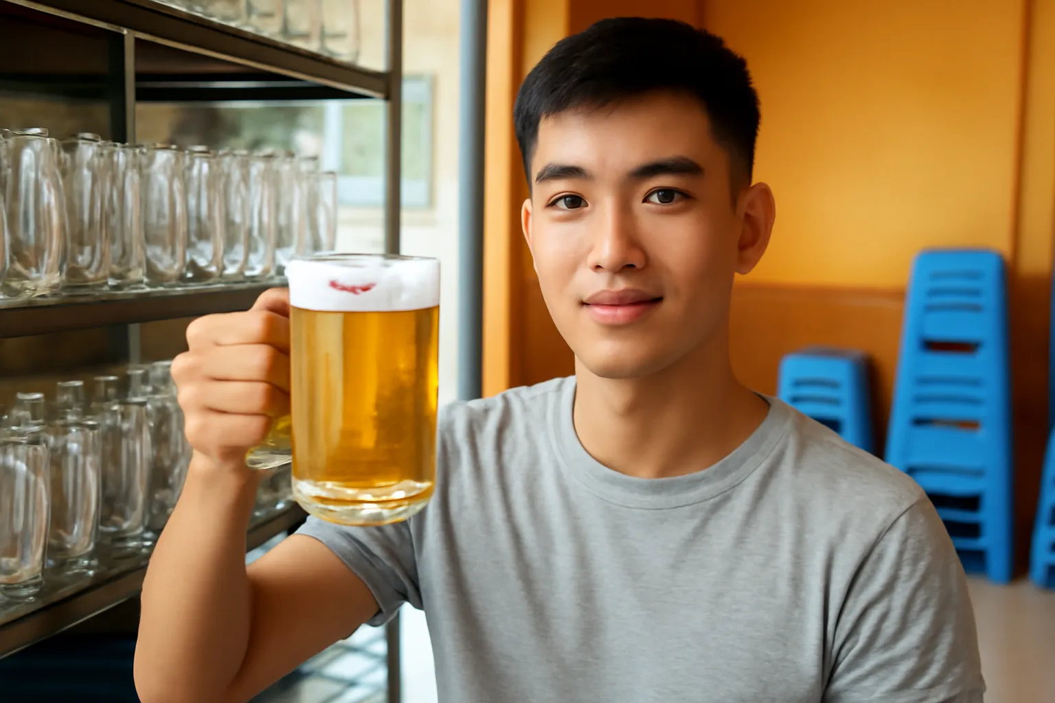 Chàng trai trẻ giơ chiếc cốc bia hơi có vết son lên nhìn dưới ánh sáng buổi sớm