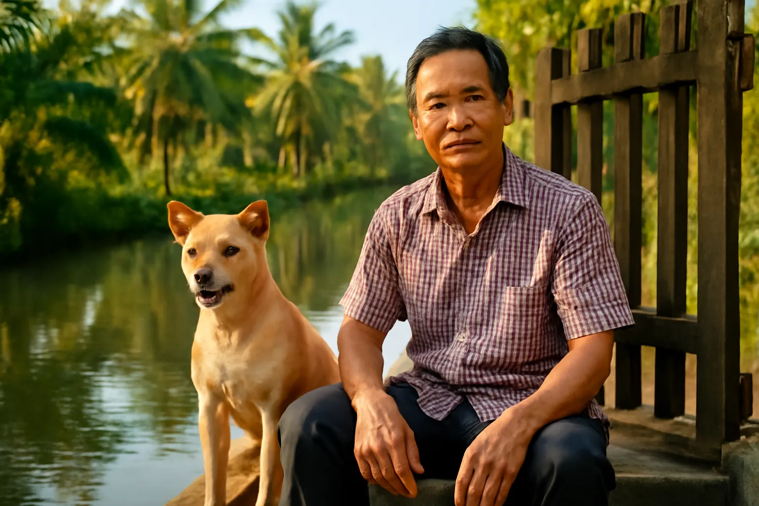 Người đàn ông trung niên ngồi trên bậc cổng gỗ cạnh con chó vàng, ven kênh dừa nước