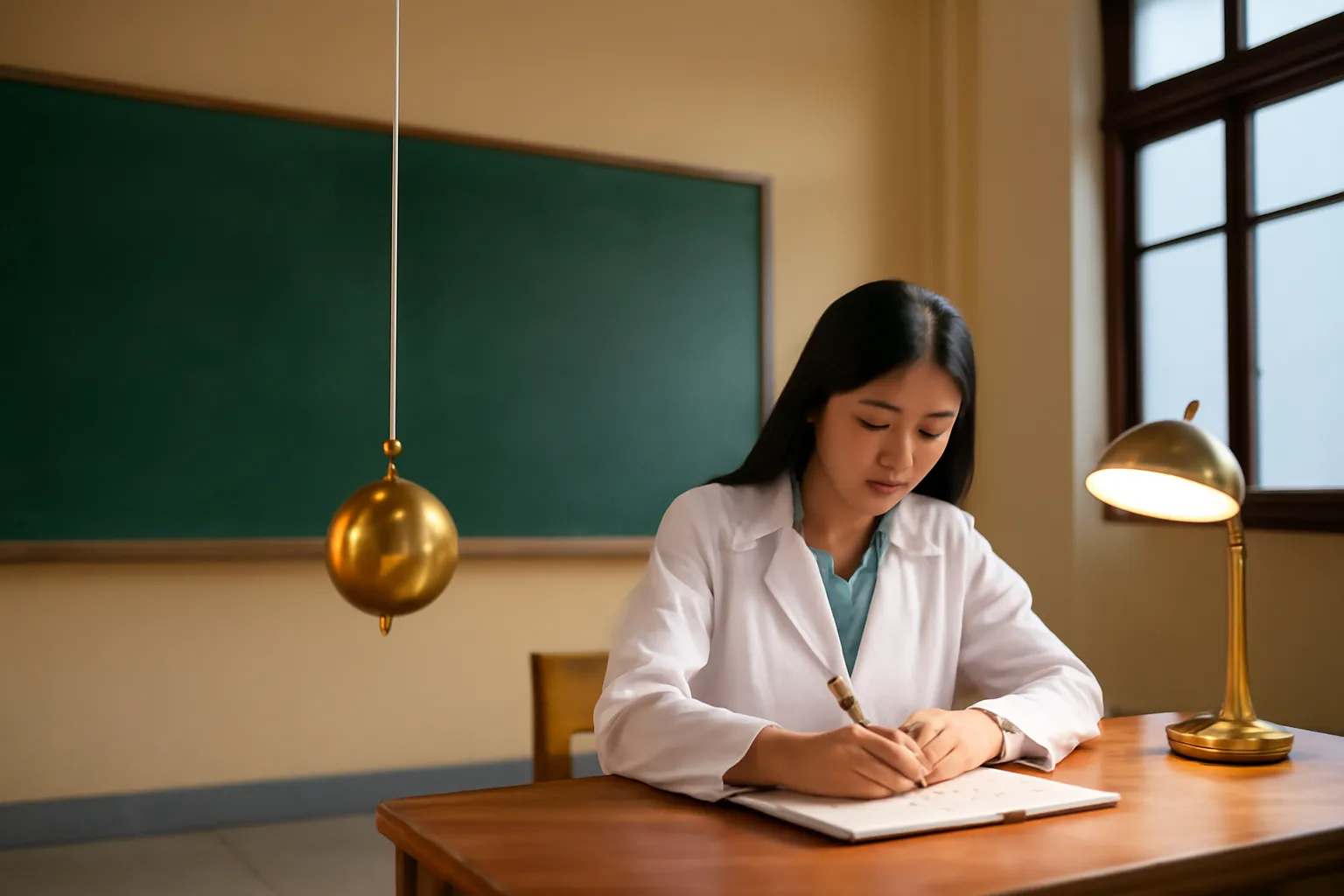 Quả lắc đồng treo dây dài trong phòng thí nghiệm, cô sinh viên ngồi ghi chép